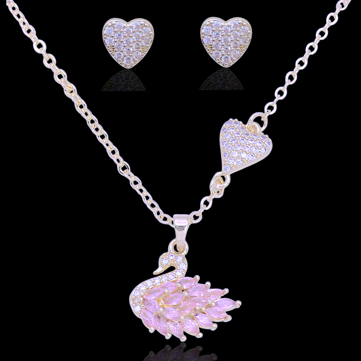 Gold Filled Oro Laminado Lovely Swan Heart Zirconia Set