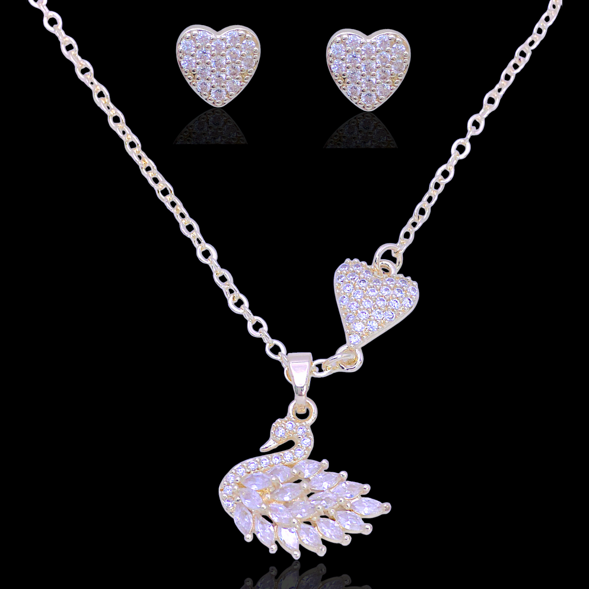 Gold Filled Oro Laminado Lovely Swan Heart Zirconia Set