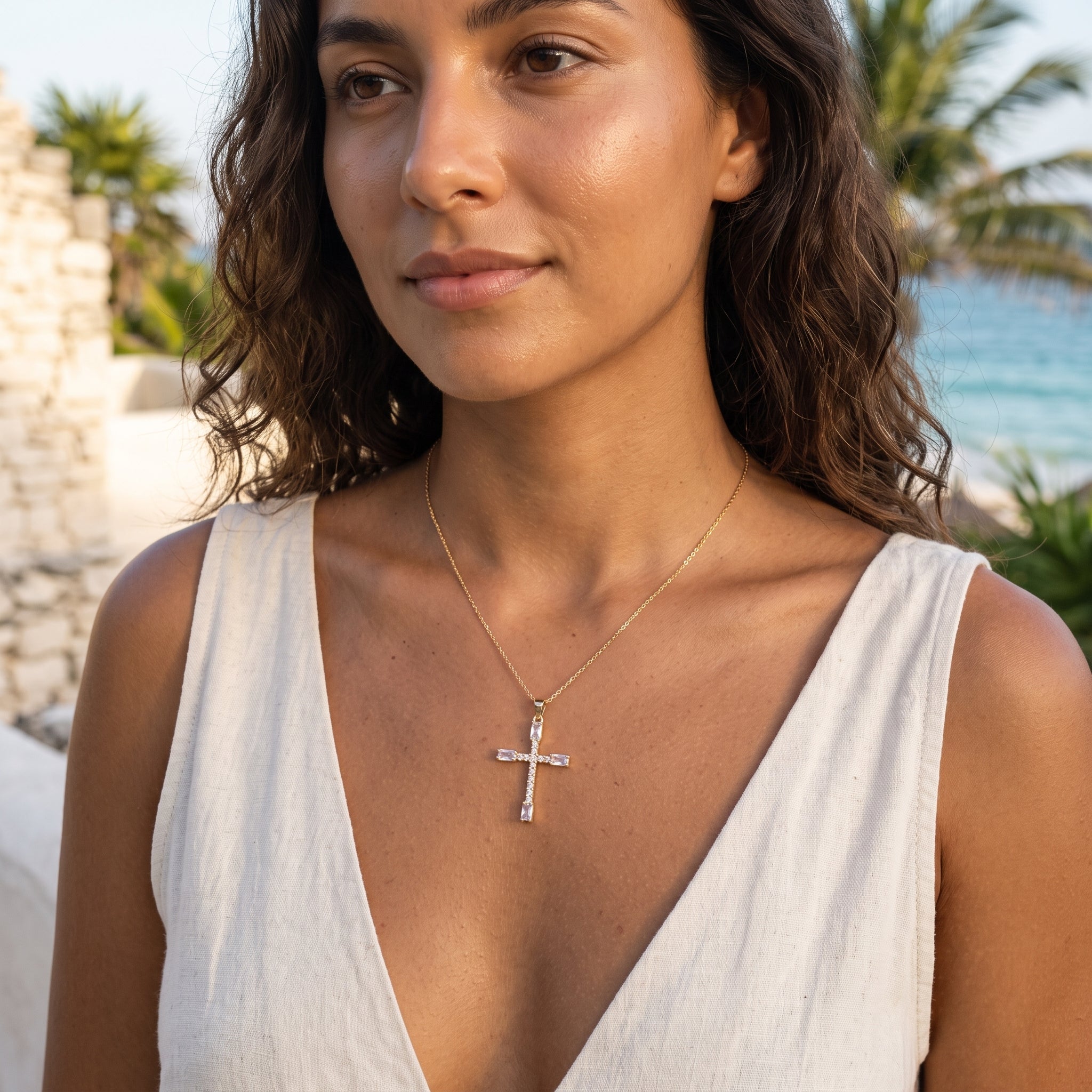 Gold Filled Oro Laminado Milan Baguette Cross CZ Pendant
