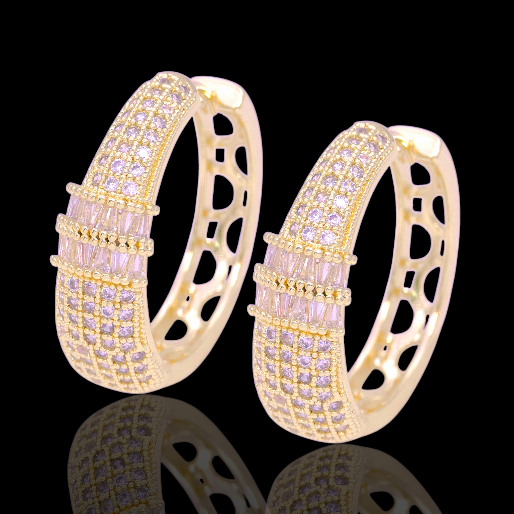 Gold Filled Oro Laminado Milano Baguette CZ Hoop Earrings 