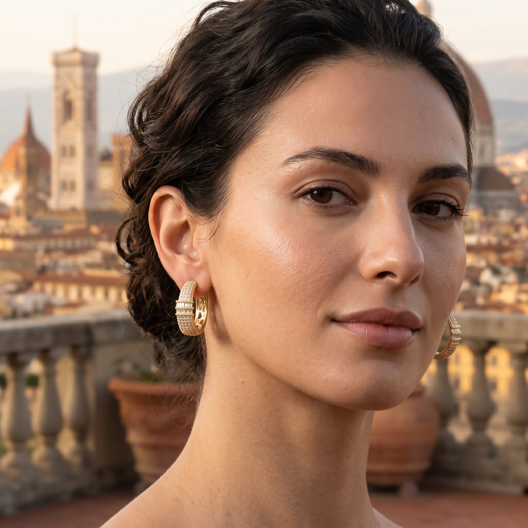 Gold Filled Oro Laminado Milano Baguette CZ Hoop Earrings
