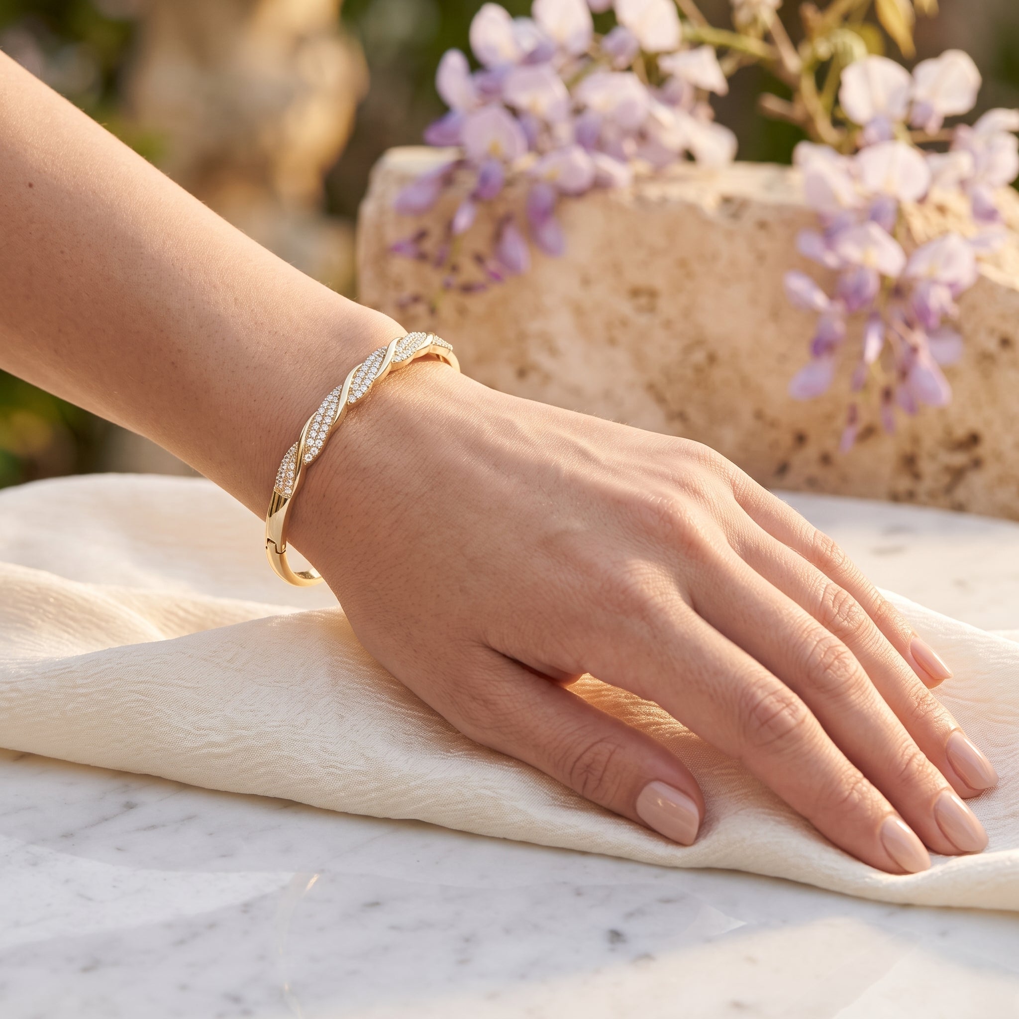 Gold Filled Oro Laminado Paris Trifecta Zirconia Bangle