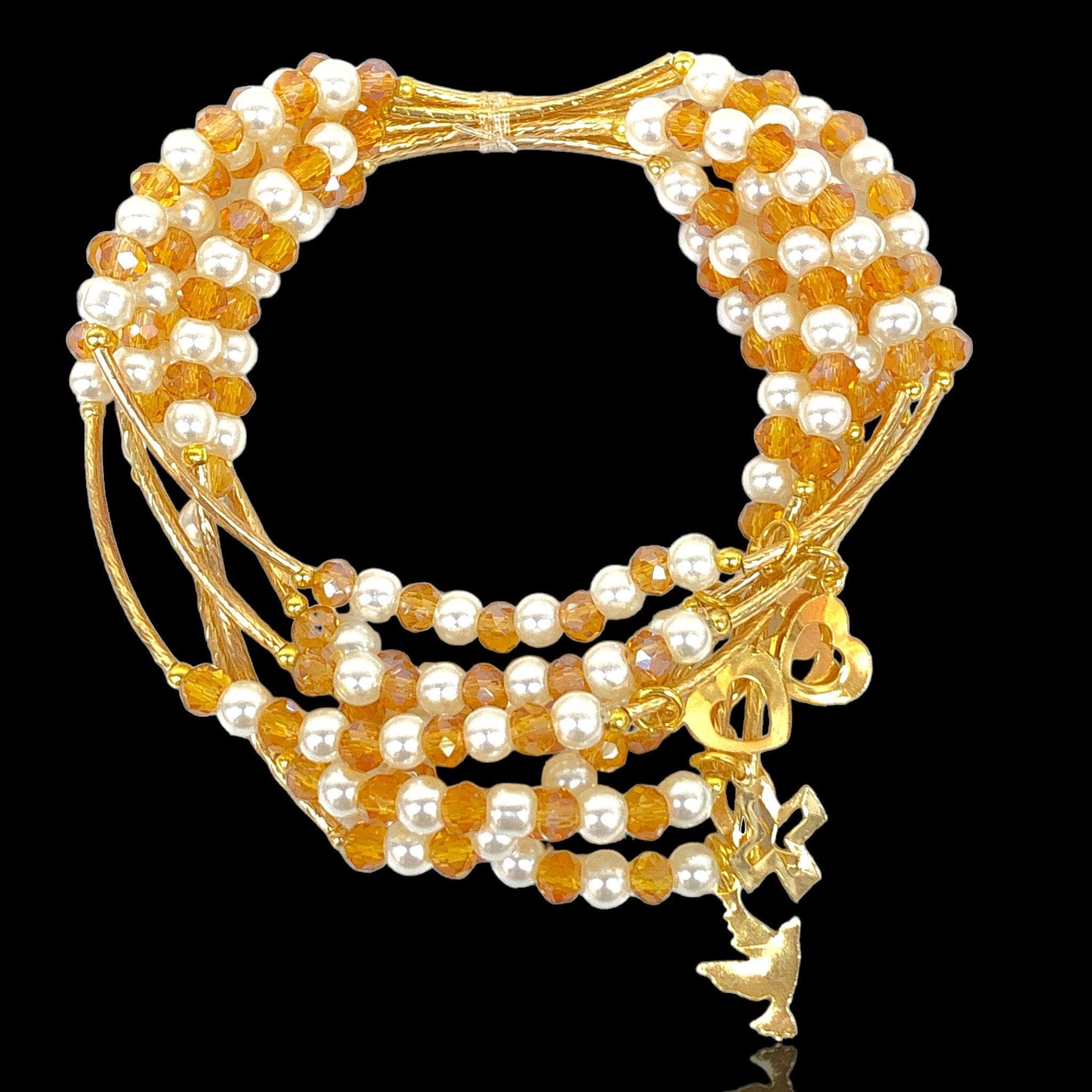 Gold Filled Oro Laminado Pearl Crystal Charm Bracelet (SET OF 7)