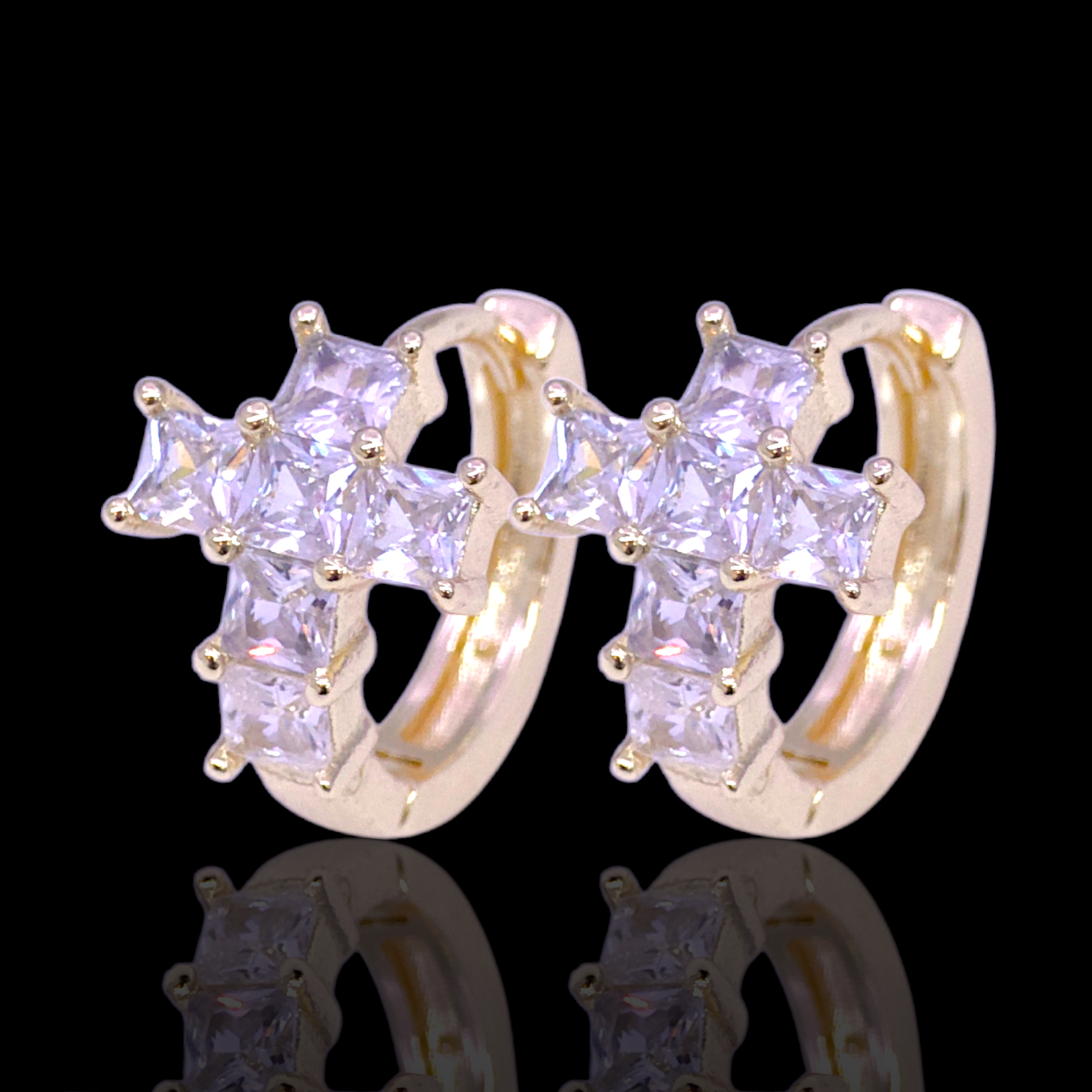 Gold Filled Oro Laminado Zirconia Gem Cross Huggie Earrings