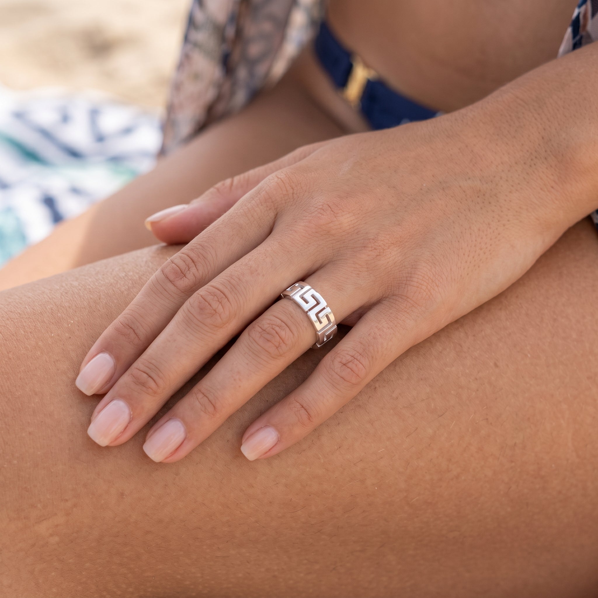 Gold Filled Stainless Steel Greek Key Pattern Ring (Silver)