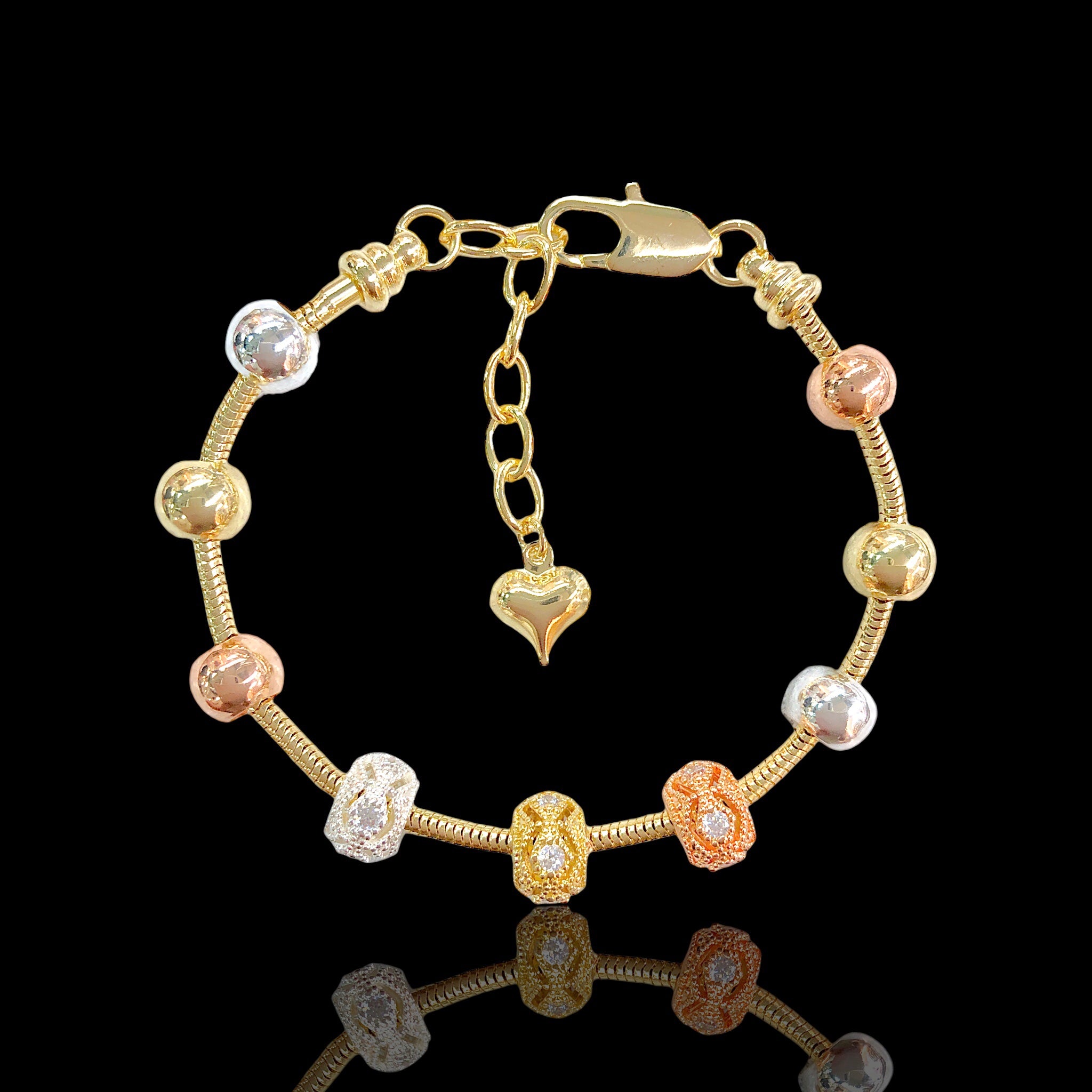 18k Gold Filled Tricolor Beaded Triple Crystal Lantern CZ Bracelet - Kuania Oro Laminado