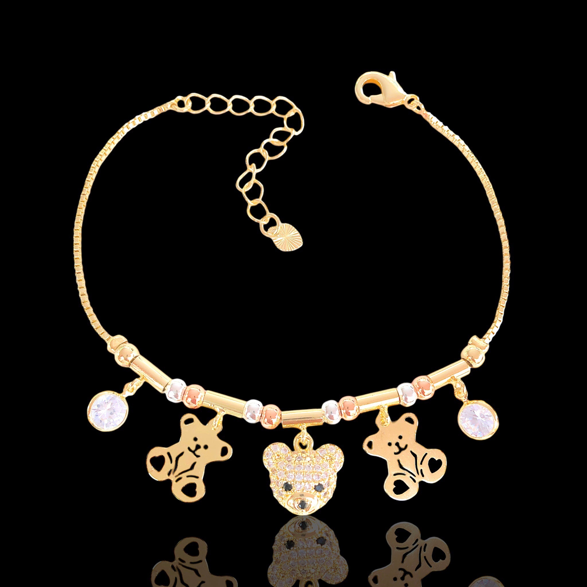 Oro Laminado Gold Filled Tricolor Teddy Bear Charm Bracelet