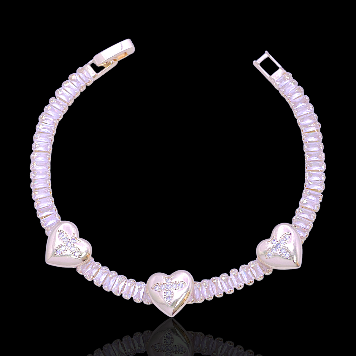 Oro Laminado Gold Filled Baguette CZ Tennis Heart Bracelet