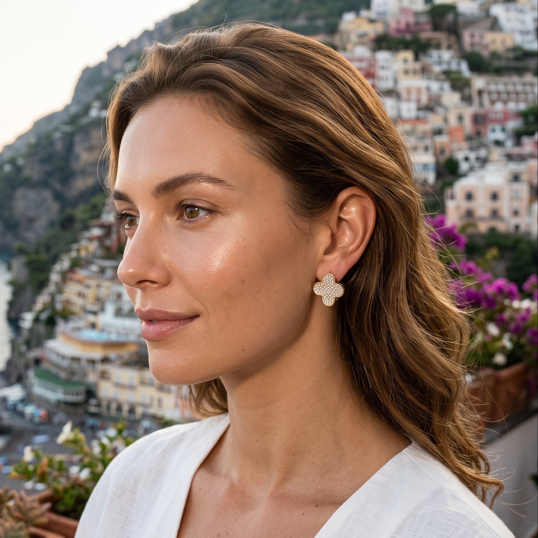 Oro Laminado Gold Filled Blooming Clover Zirconia Earrings