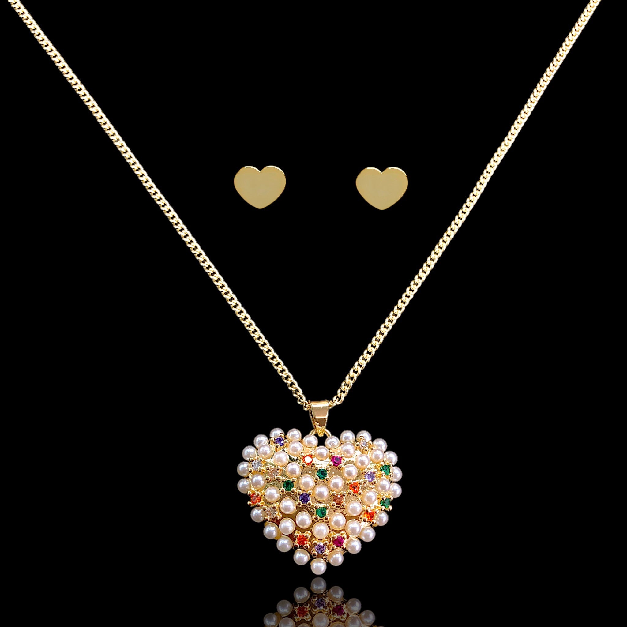 Oro Laminado Gold Filled Bountiful Pearl Zirconia Heart Set