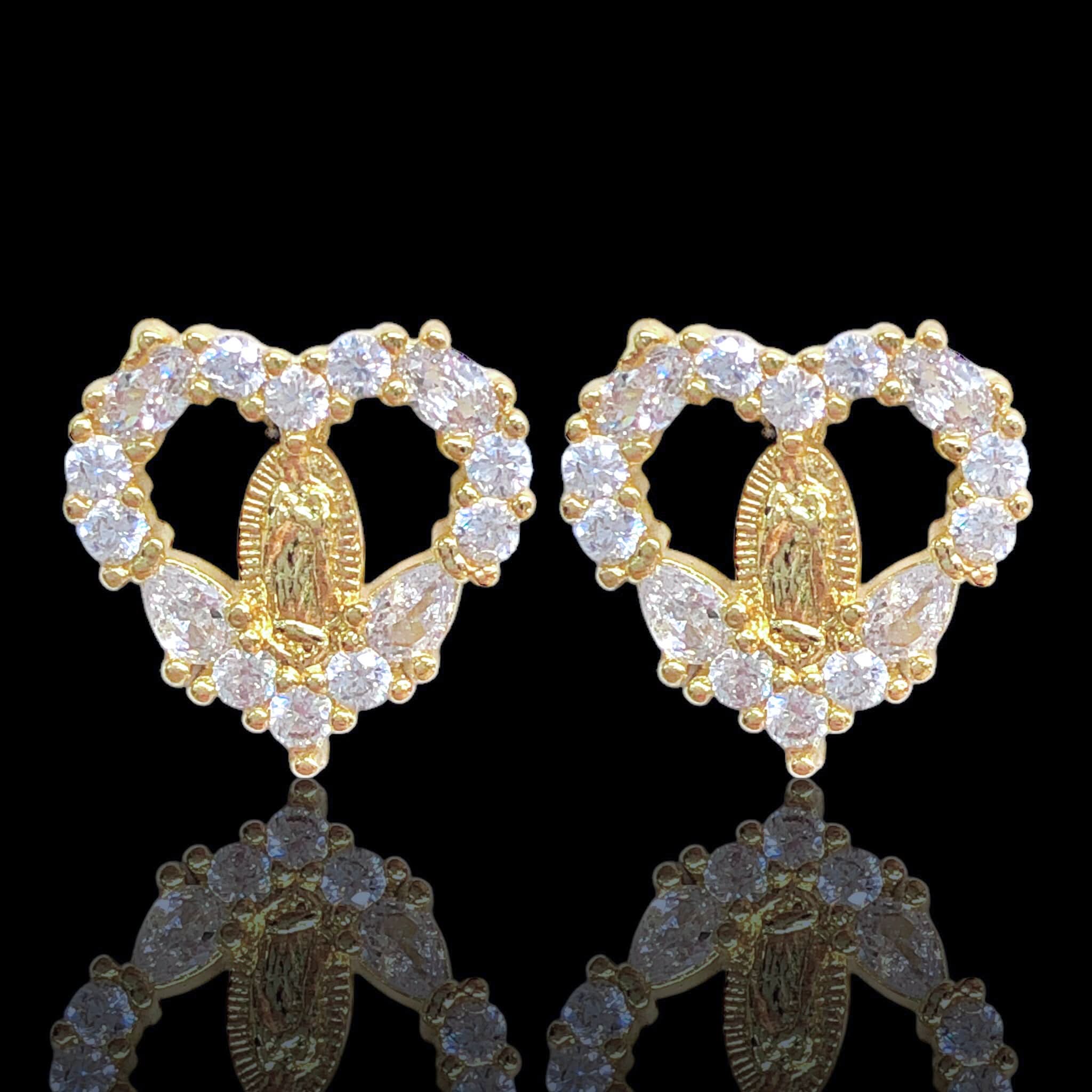 Oro Laminado Gold Filled Brilliant Gem Guadalupe Heart Earrings