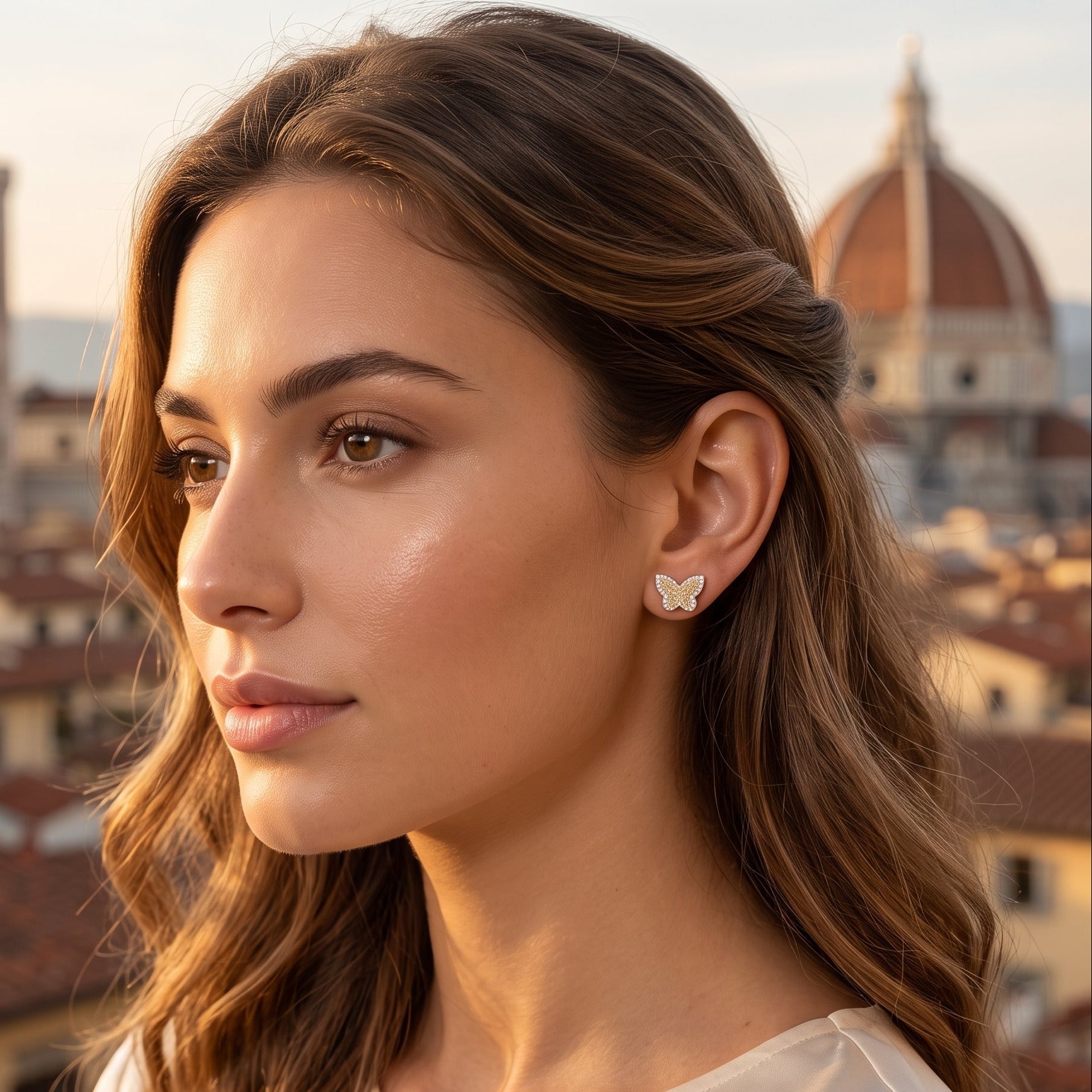 Oro Laminado Gold Filled Butterfly Nugget CZ Stud Earrings