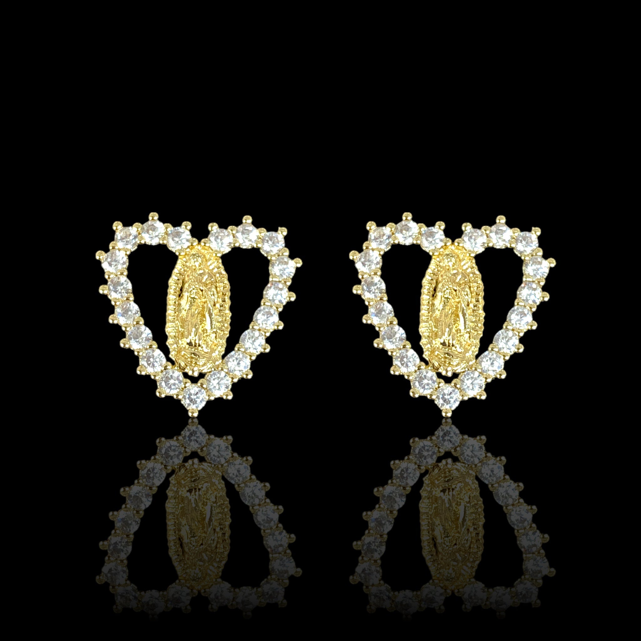 Oro Laminado Gold Filled CZ Sparkle Guadalupe Heart Stud Earrings