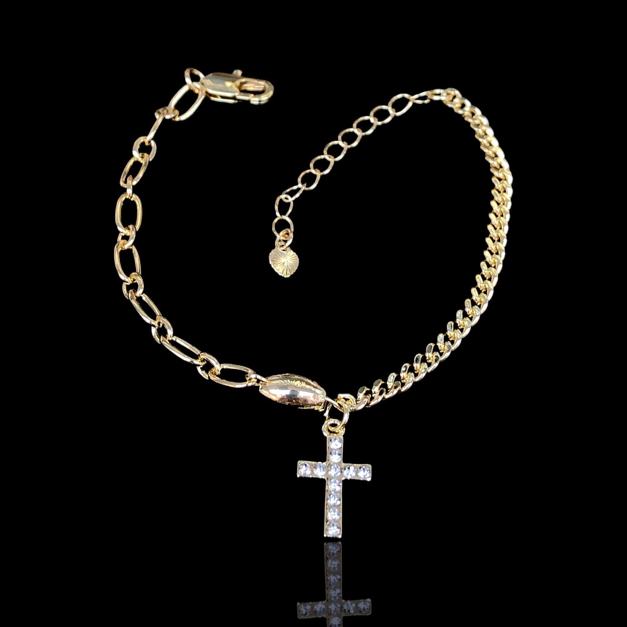 Oro Laminado Gold Filled Dual Chain Roman Cross Bracelet