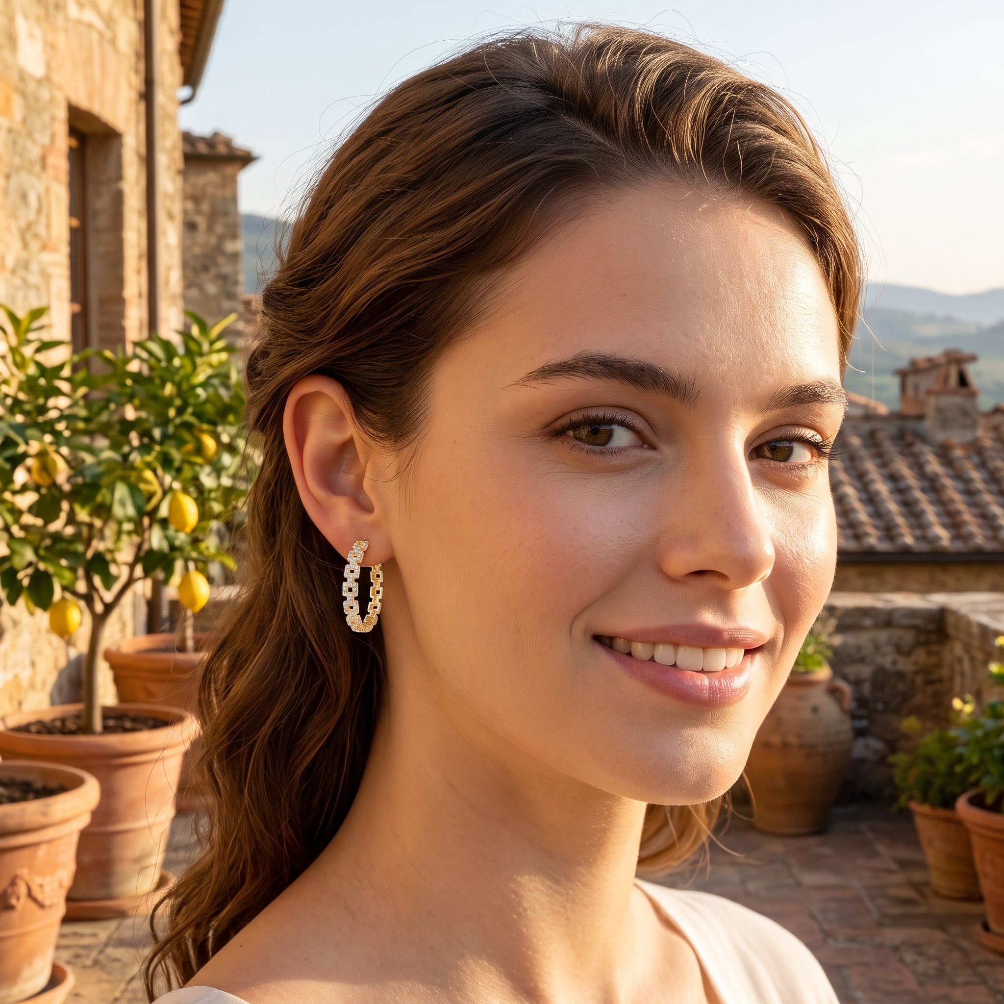 Oro Laminado Gold Filled Florentine Link CZ Hoop Earrings
