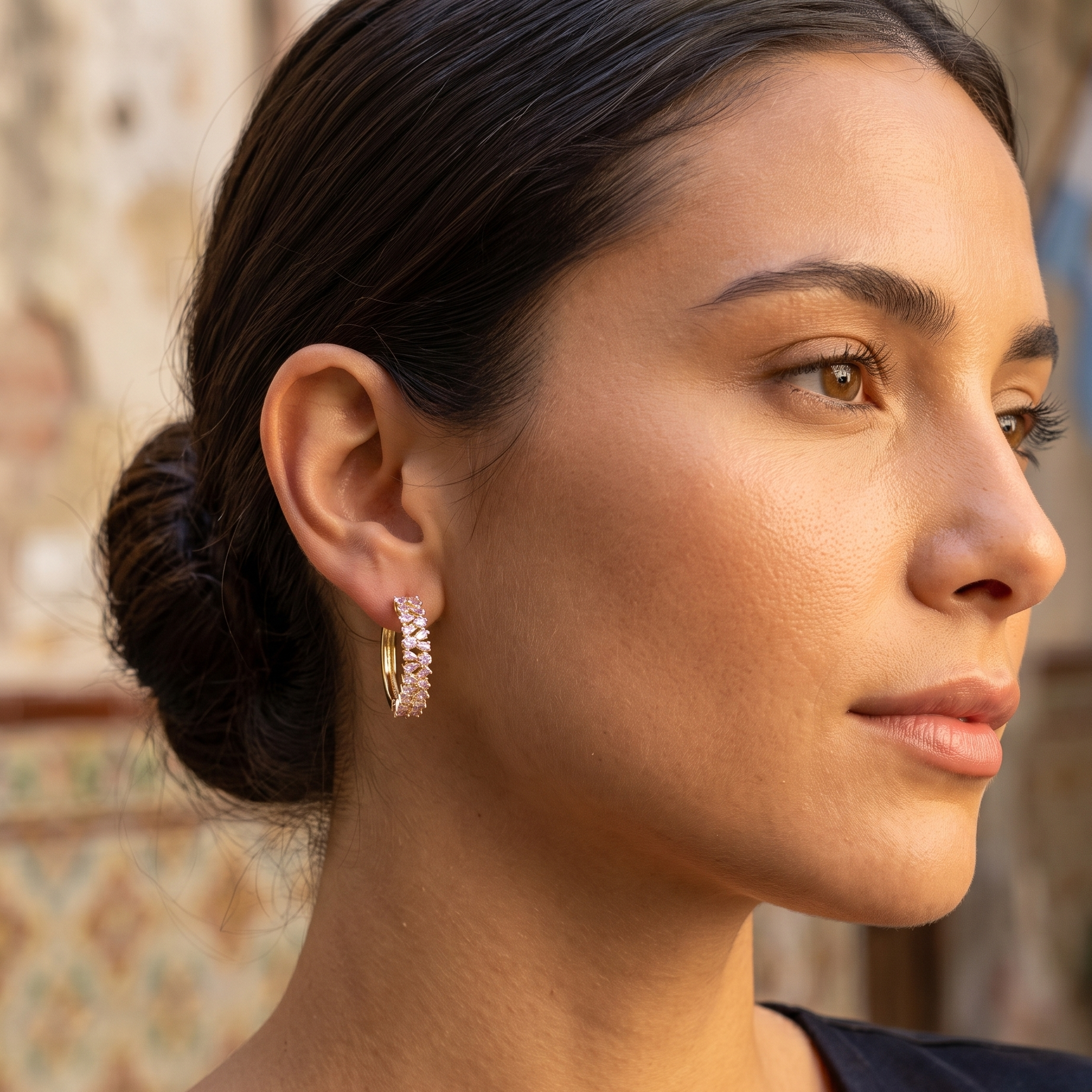 Oro Laminado Gold Filled Florentine Luxe CZ Hoop Earrings