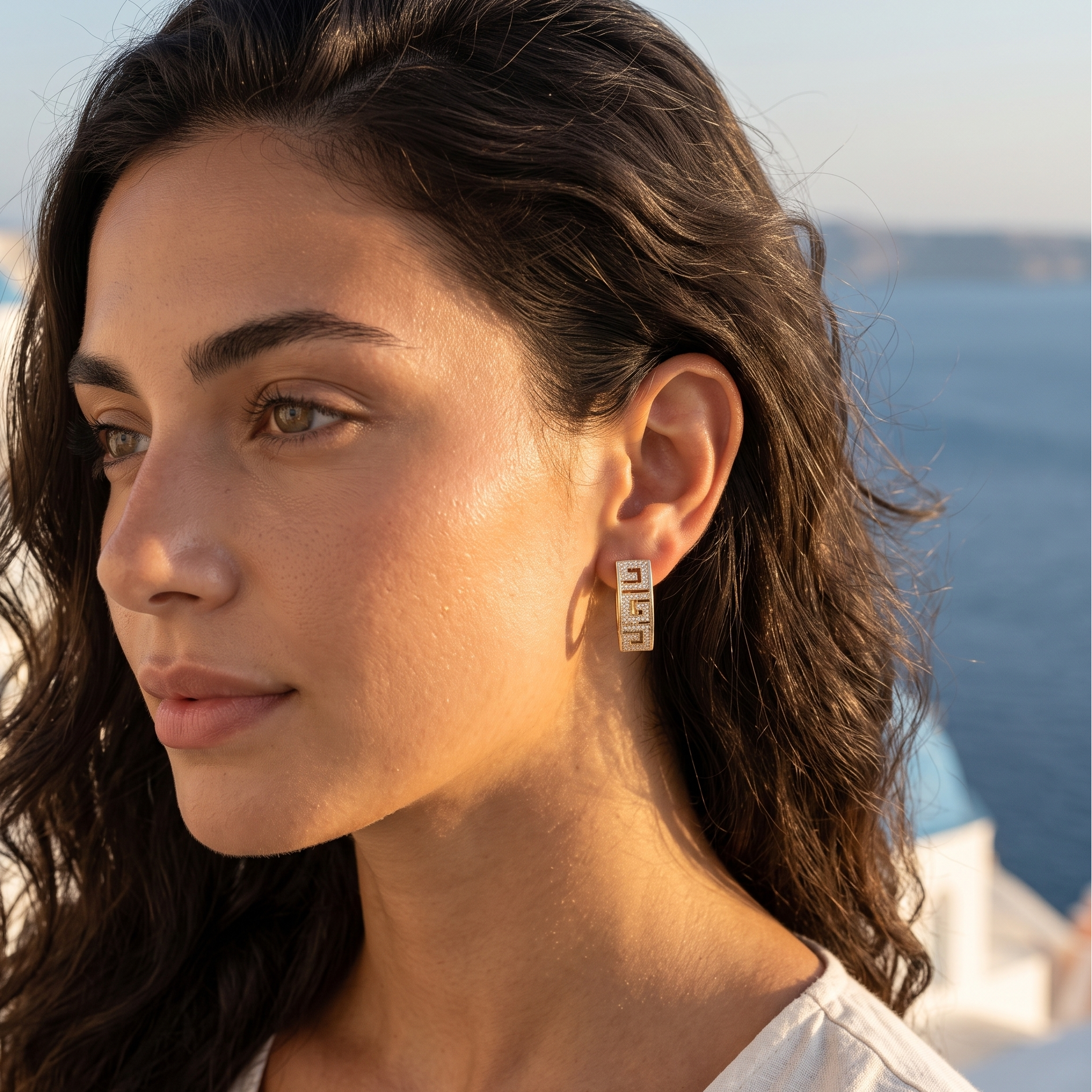 Oro Laminado Gold Filled Greek Key Zirconia Earrings