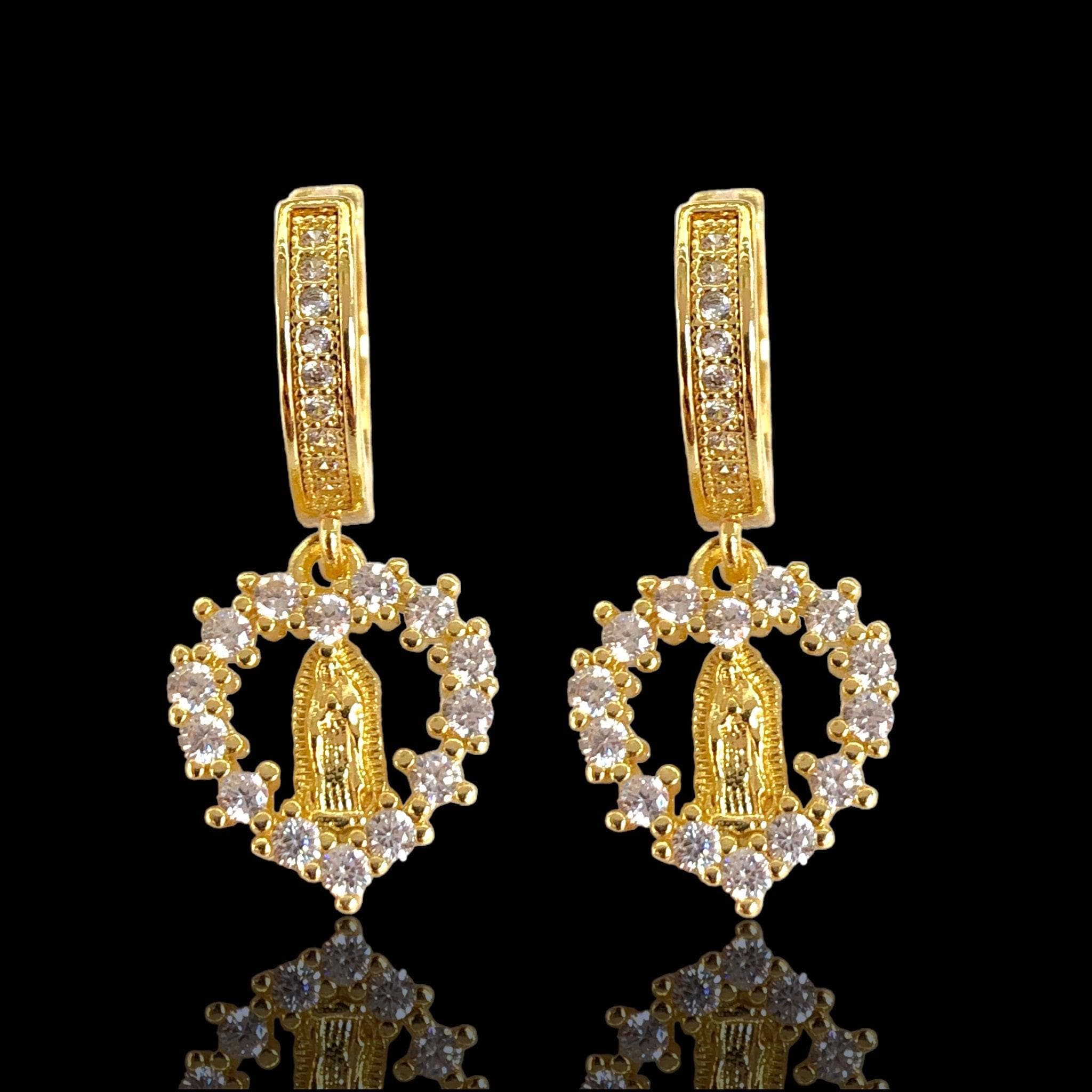 Oro Laminado Gold Filled Guadalupe Heart Dangle Earrings