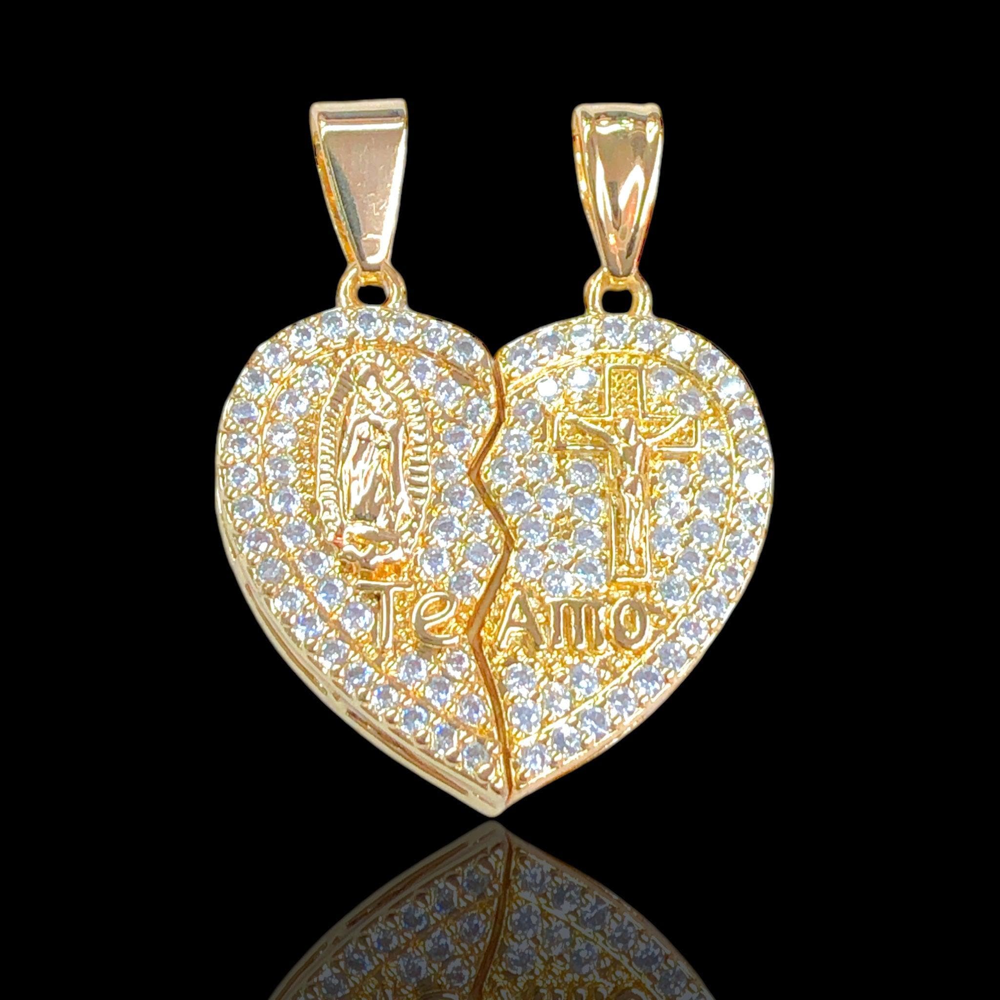 Oro Laminado Gold Filled Guadalupe &amp; Jesus Split Heart Pendant