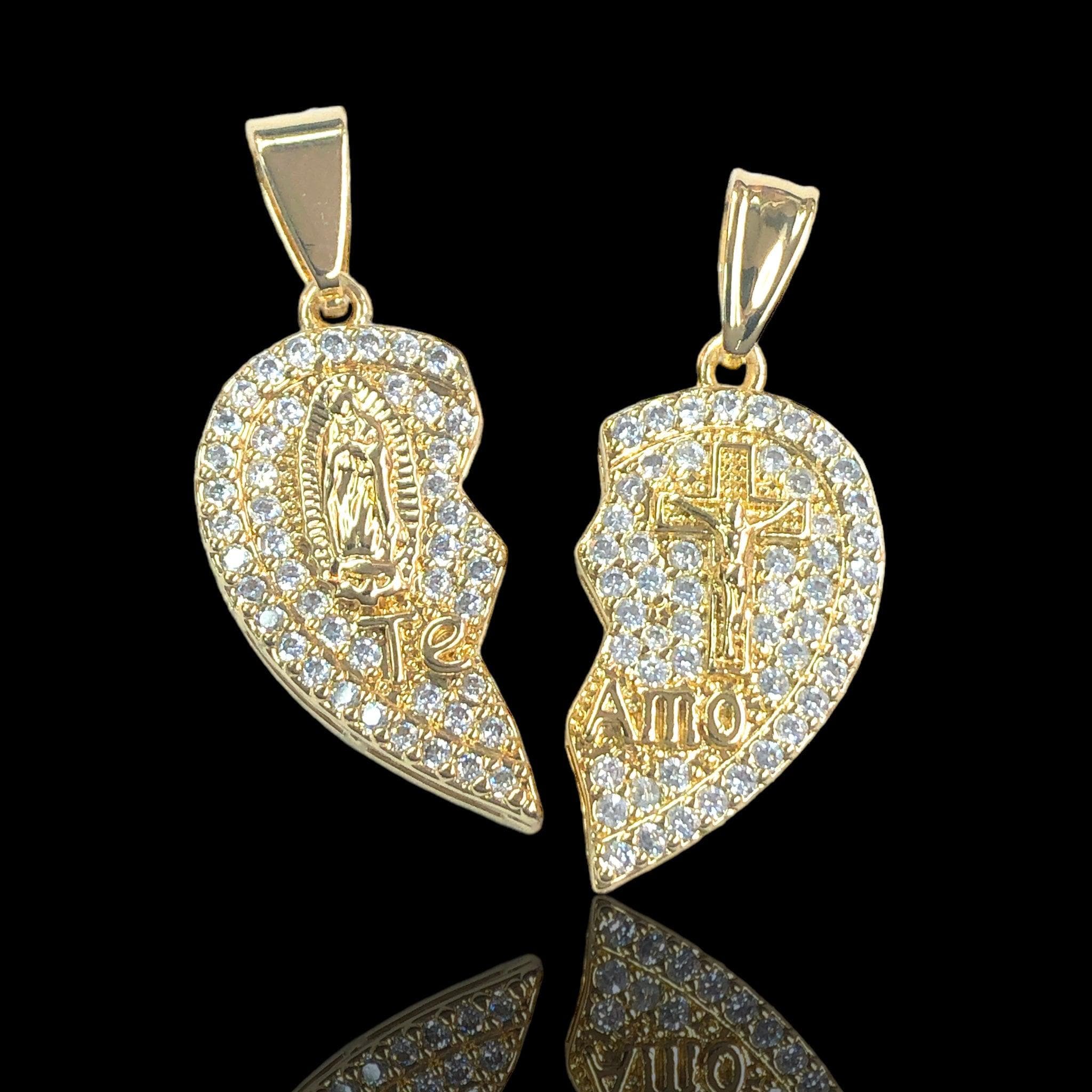 Oro Laminado Gold Filled Guadalupe &amp; Jesus Split Heart Pendant