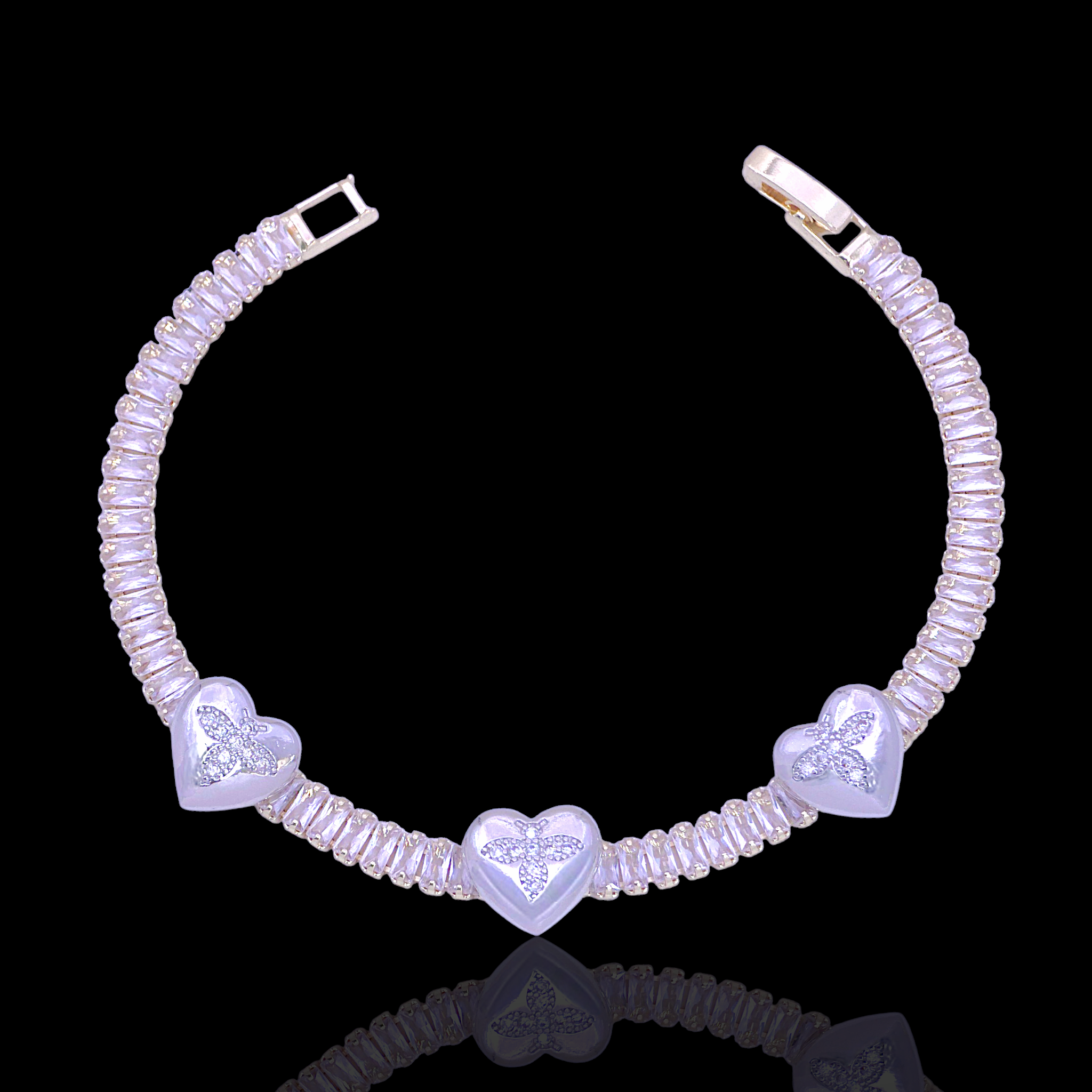 Oro Laminado Gold Filled Hearts Baguette Tennis CZ Bracelet