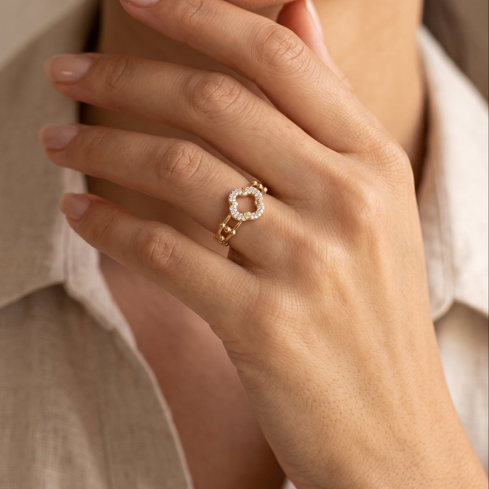 Oro Laminado Gold Filled Milano Clover Adjustable Ring