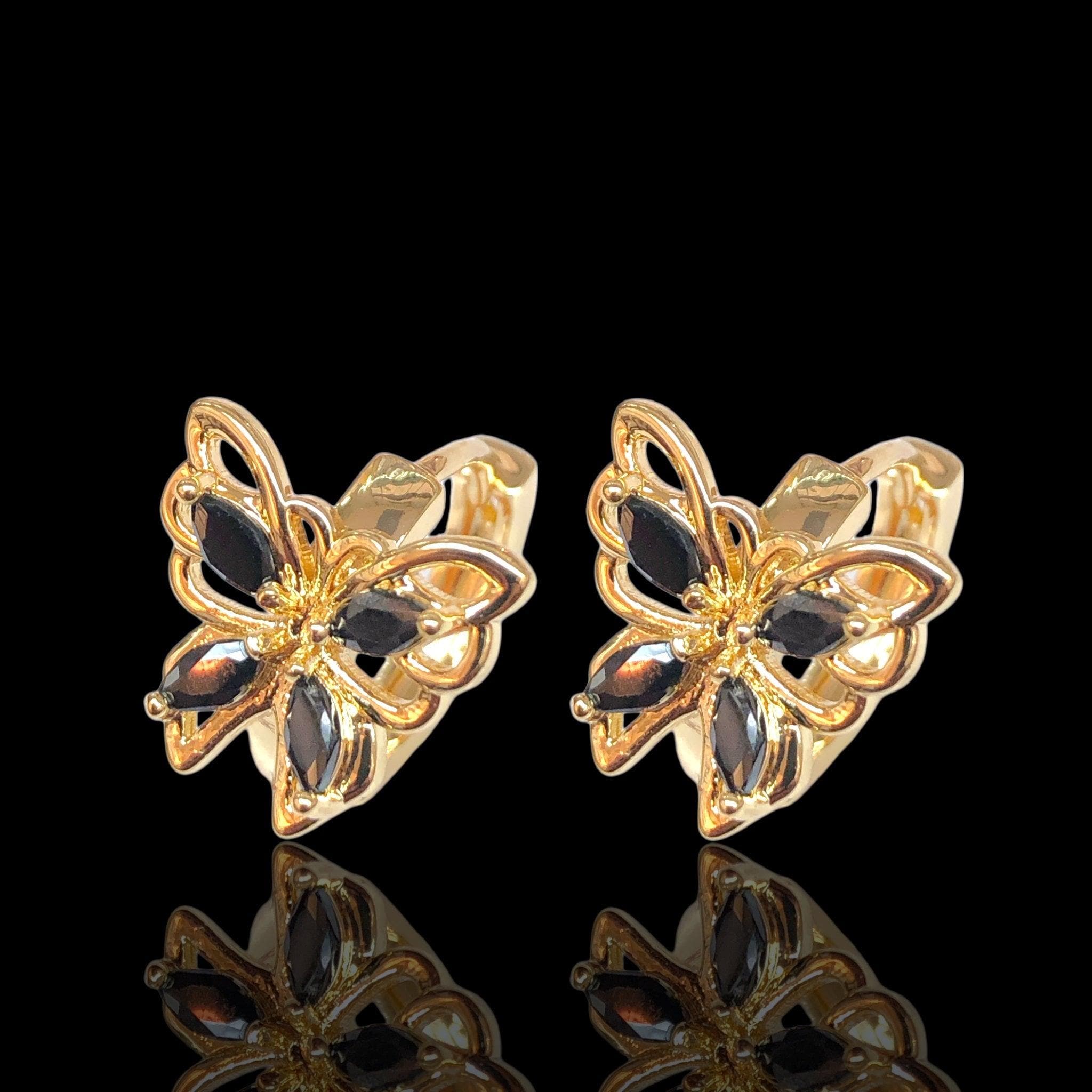 Oro Laminado Gold Filled Monarch Butterfly CZ Hoop Earrings