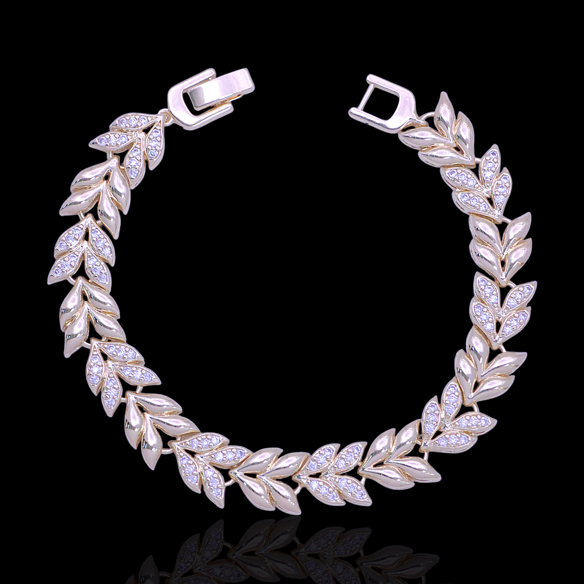 Oro Laminado Gold Filled Olympic Olive Leaves CZ Bracelet