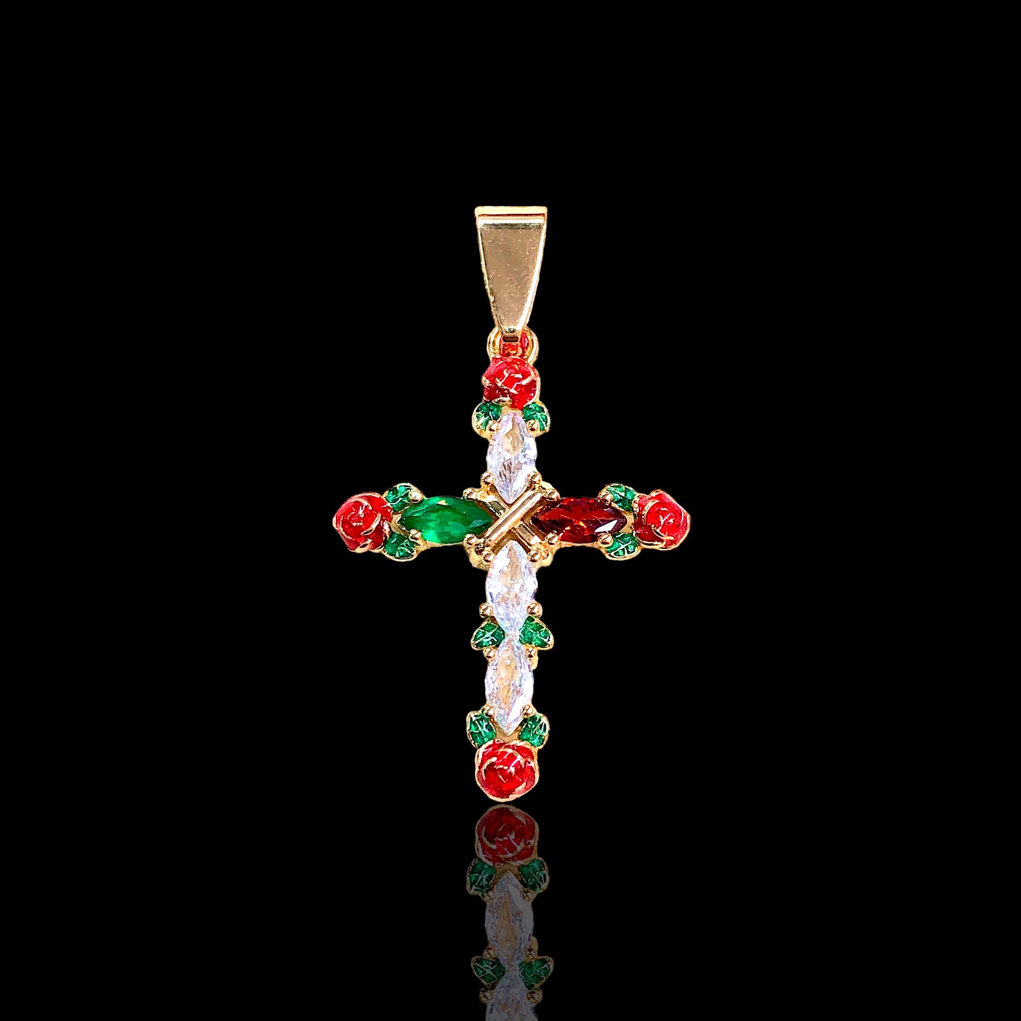 Oro Laminado Gold Filled Rose Flower Cross Zirconia Pendant