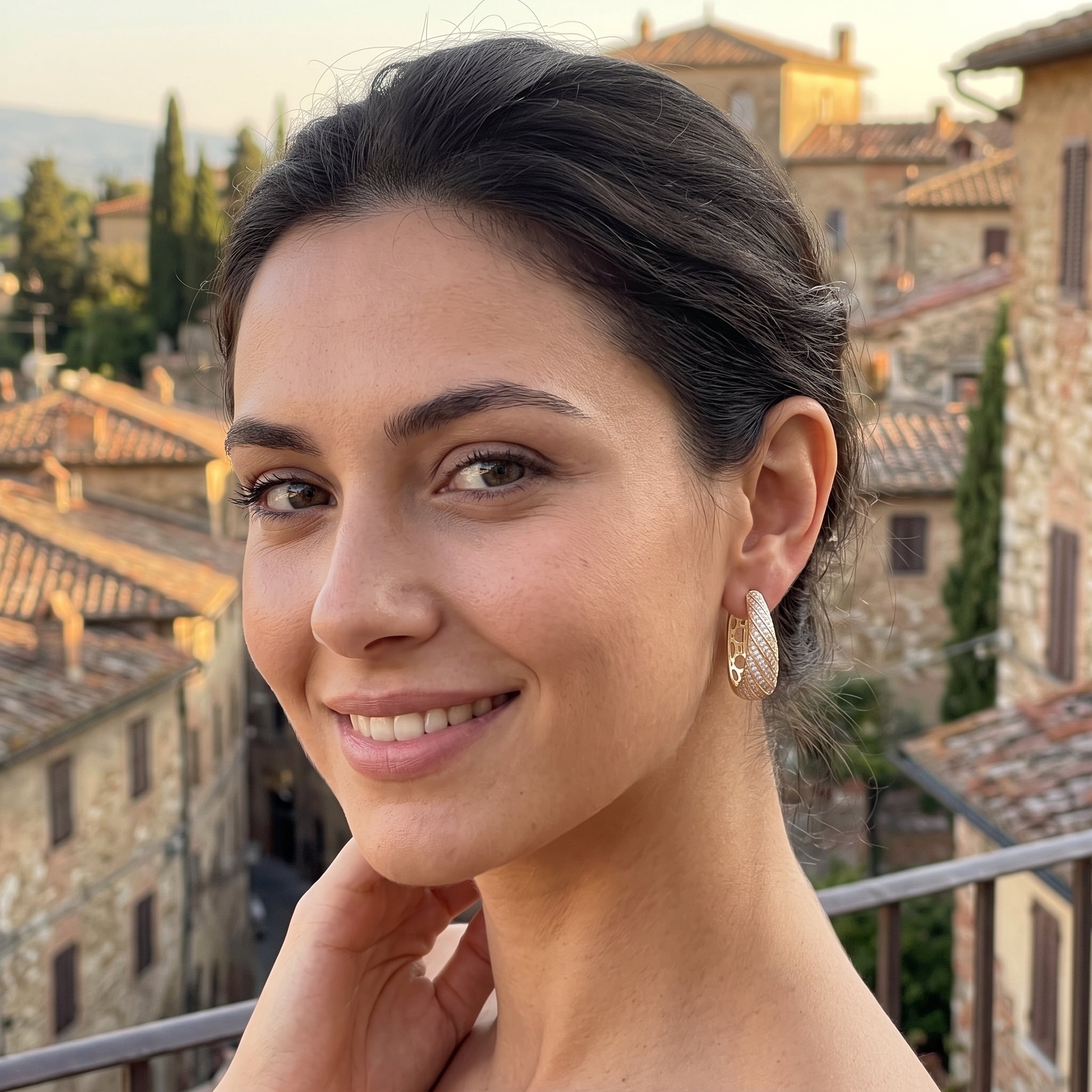Oro Laminado Gold Filled Sicilian Stripe CZ Hoop Earrings
