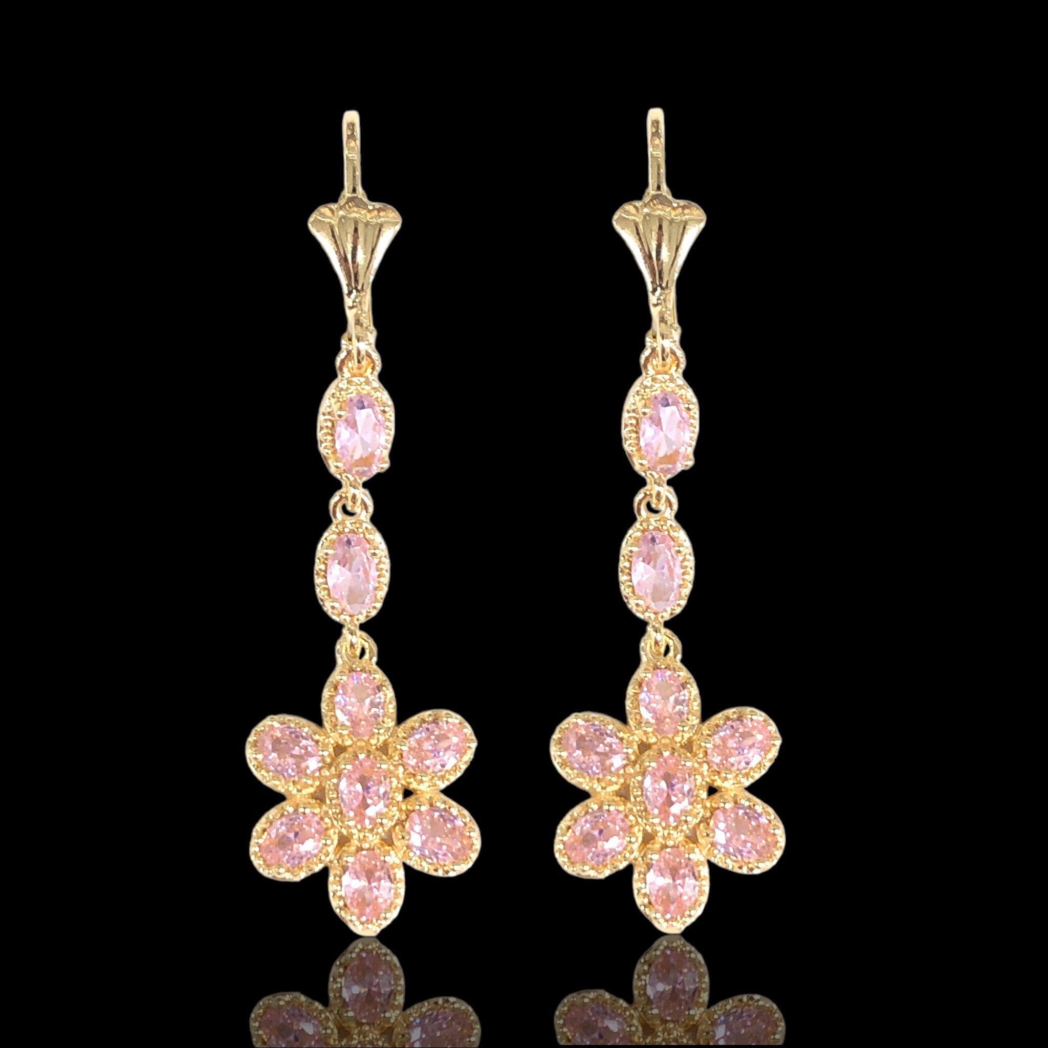 Oro Laminado Gold Filled Sun Flower CZ Dangle Earrings