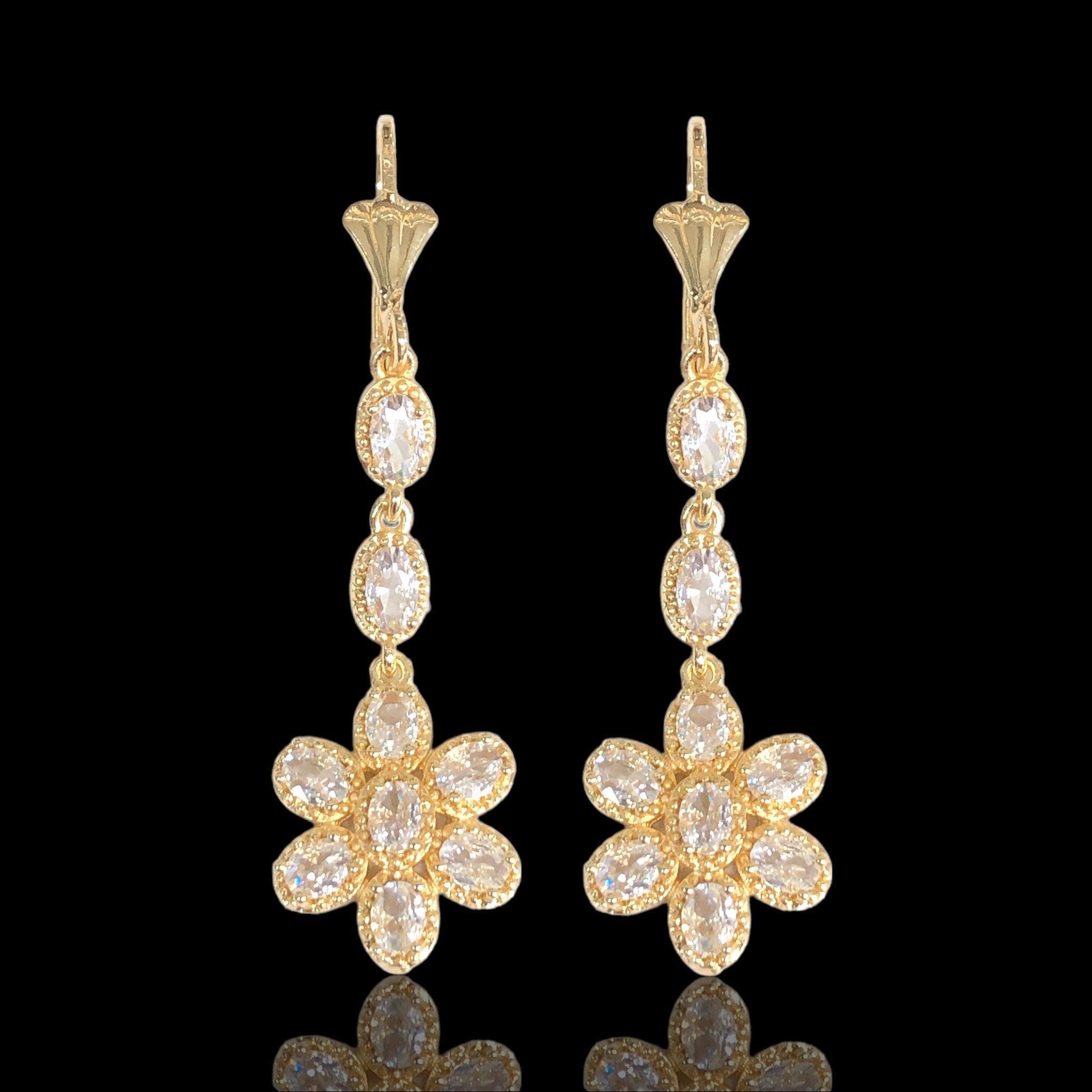 Oro Laminado Gold Filled Sun Flower CZ Dangle Earrings