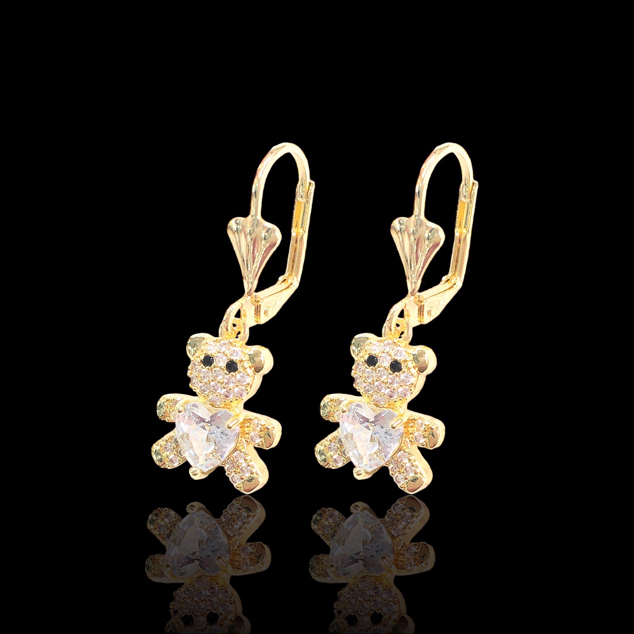 Oro Laminado Gold Filled Teddy Bear Cubic Zirconia Dangle Earrings