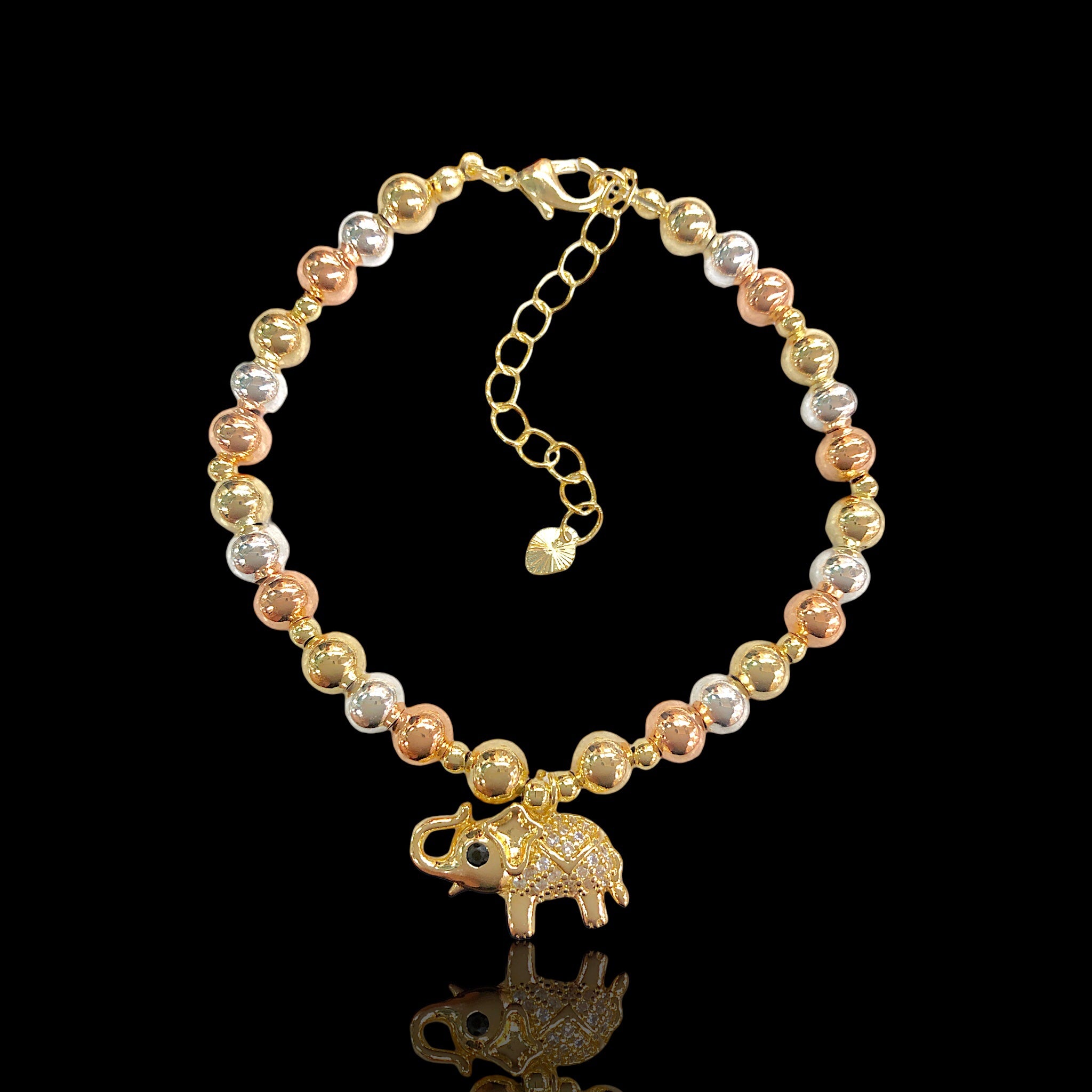 Oro Laminado Gold Filled Thai Elephant Tricolor Beads Bracelet