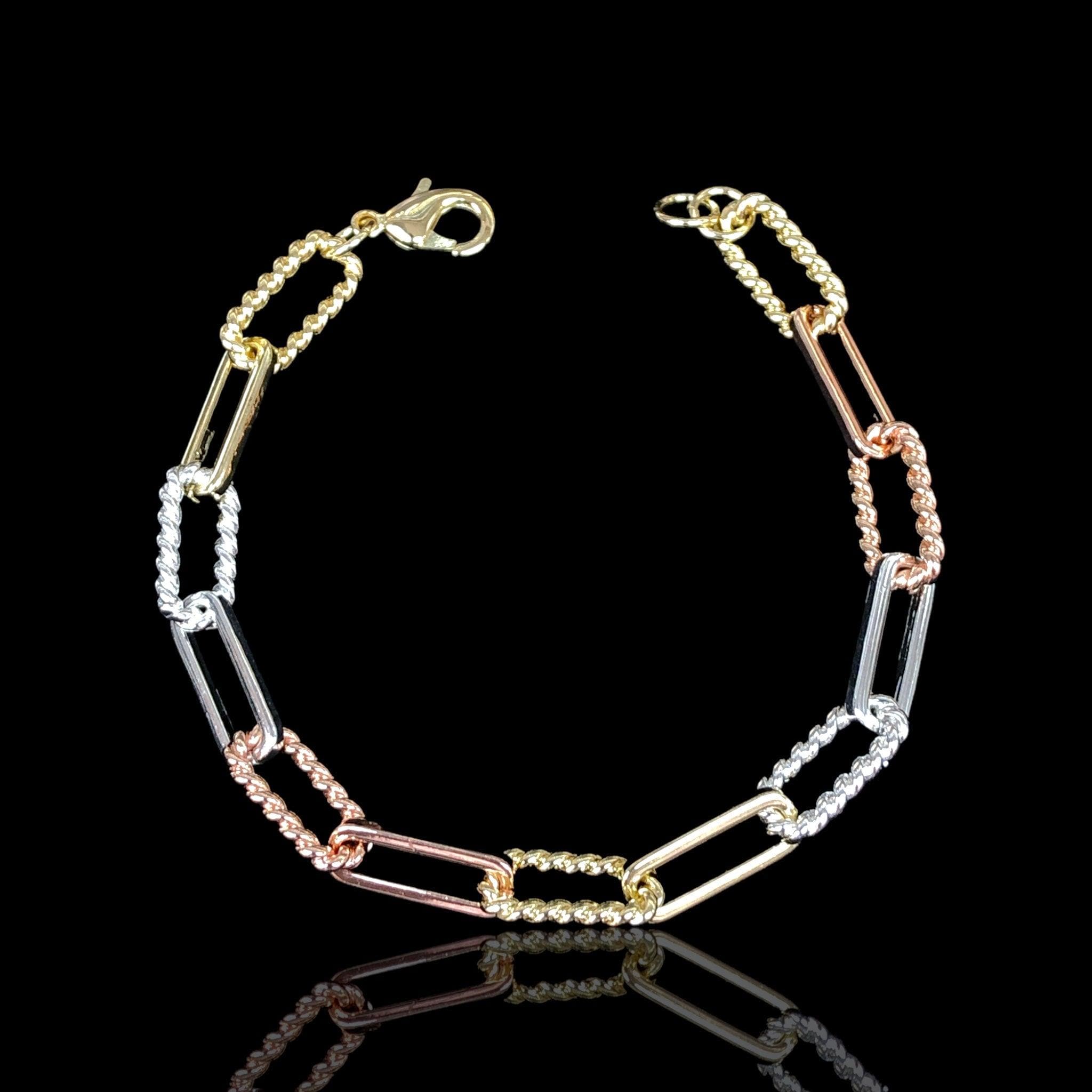 Oro Laminado Gold Filled Tricolor Paperclip Chain Bracelet