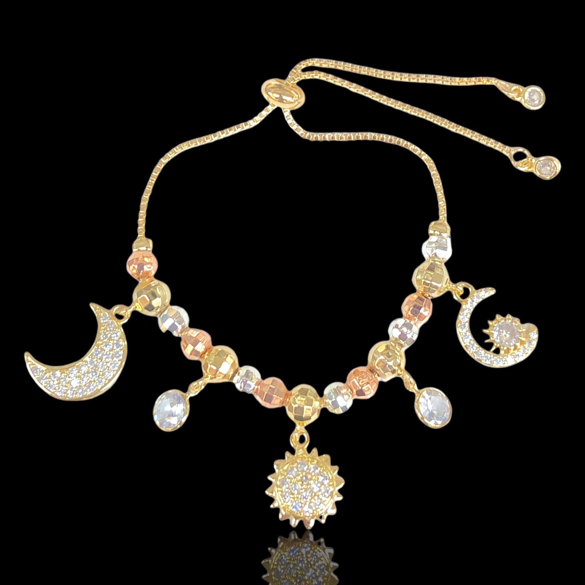 Oro Laminado Gold Filled Tricolor Sun & Moon Charm Bracelet