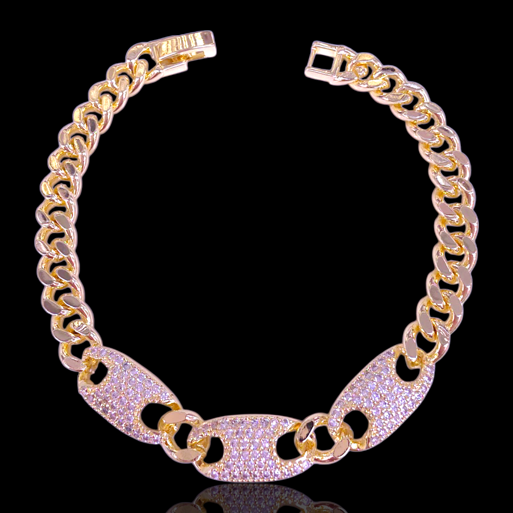 Oro Laminado Gold Filled Triple Mariner Chain Zirconia Bracelet