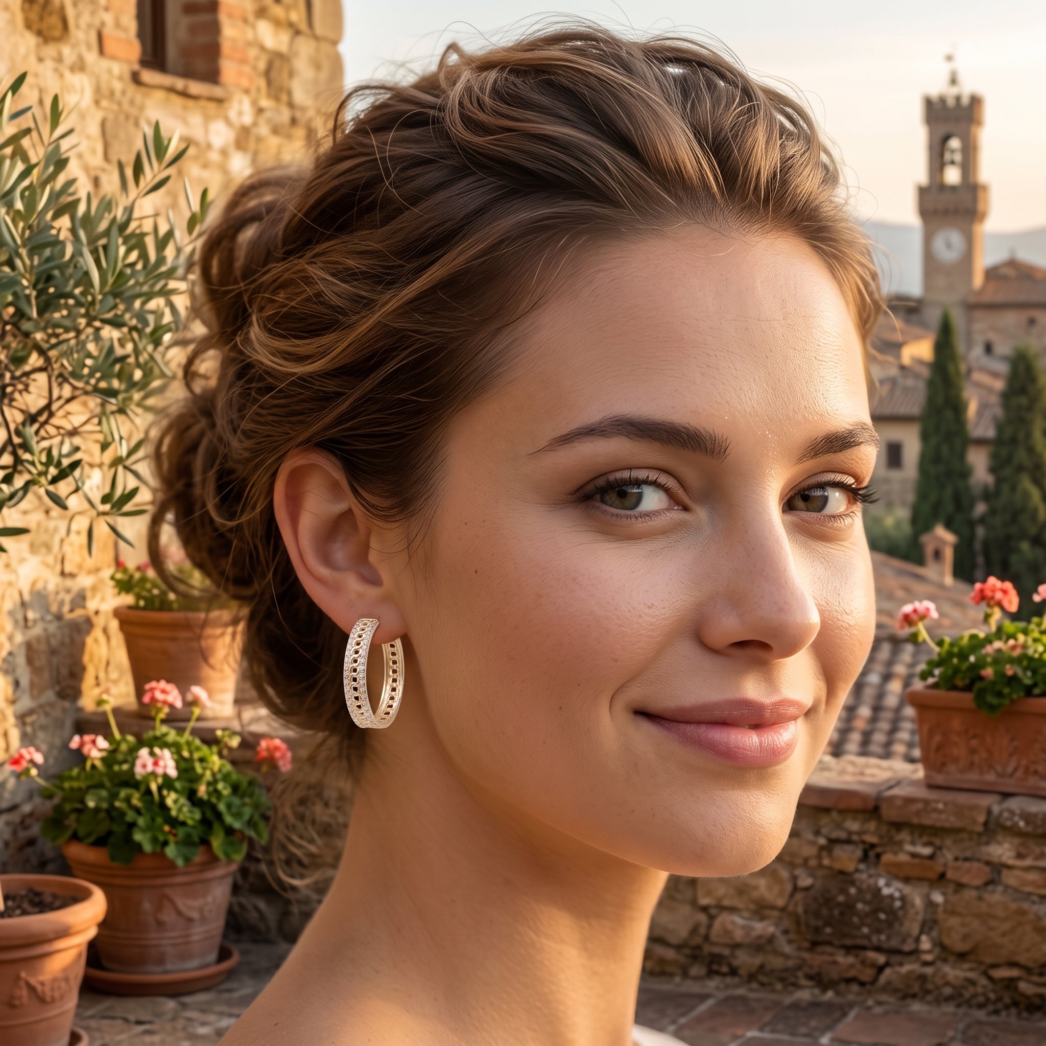 Oro Laminado Gold Filled Venetian Braid CZ Hoop Earrings