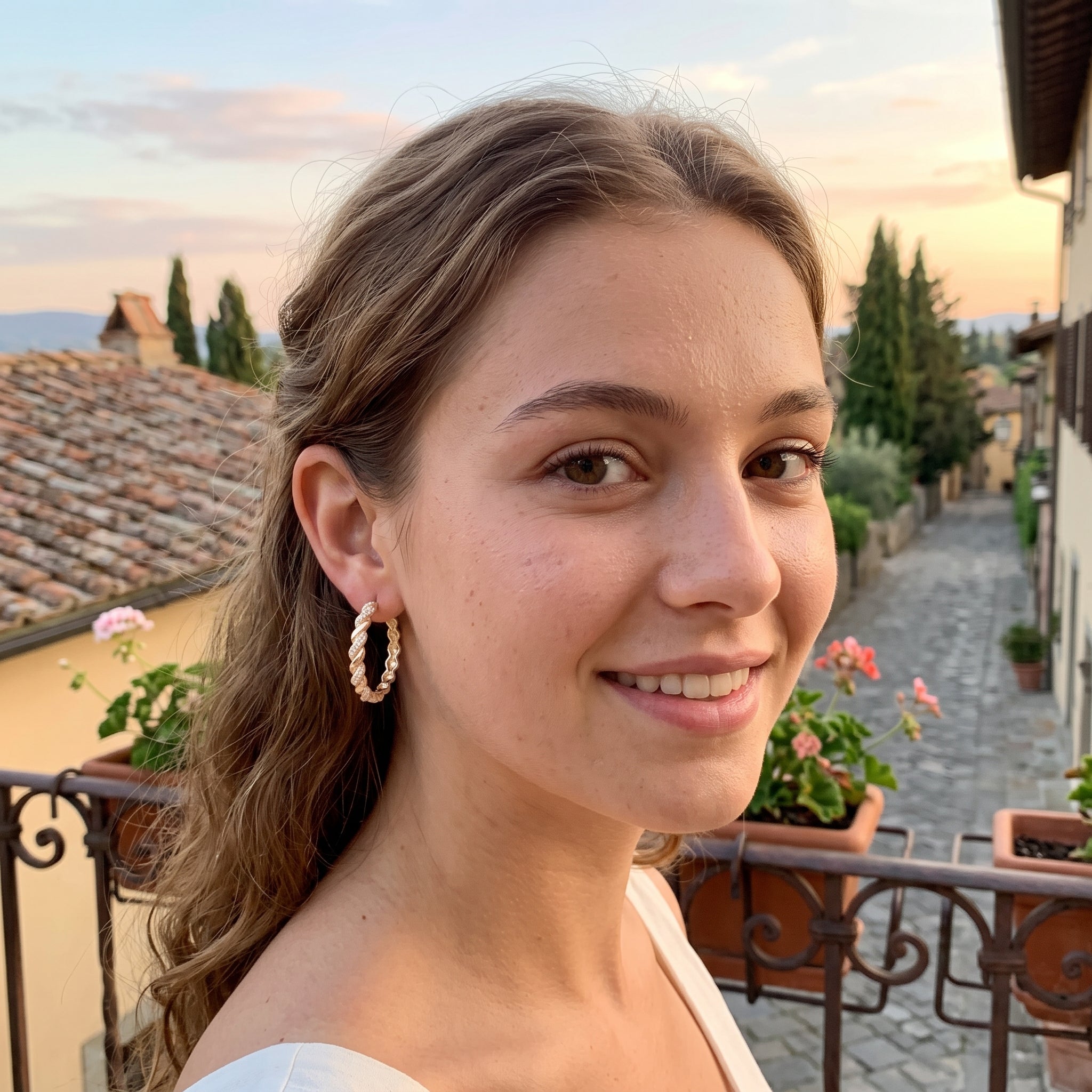 Oro Laminado Gold Filled Venetian Twirl CZ Hoop Earrings