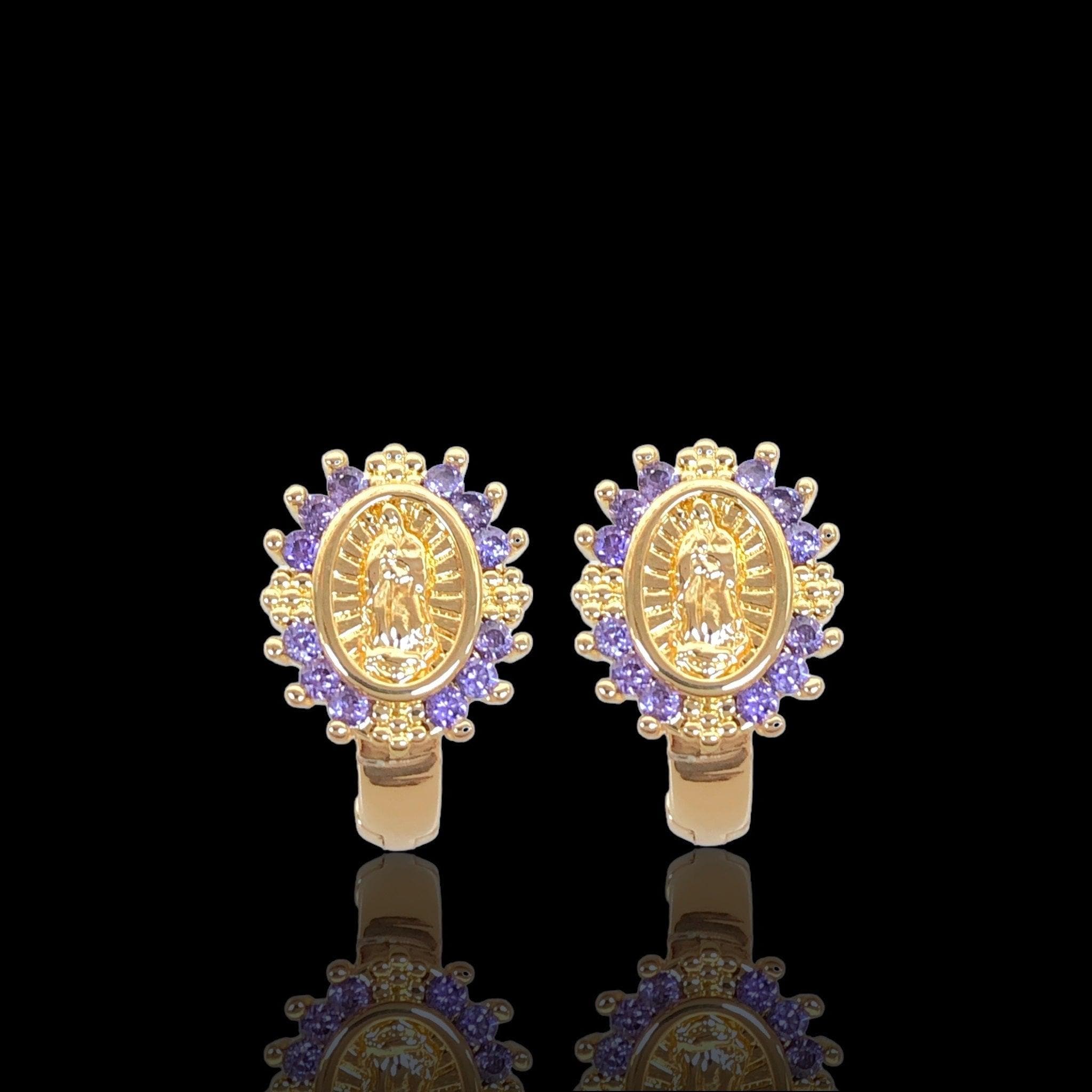Oro Laminado Gold Filled Virgin Guadalupe CZ Huggie Earrings