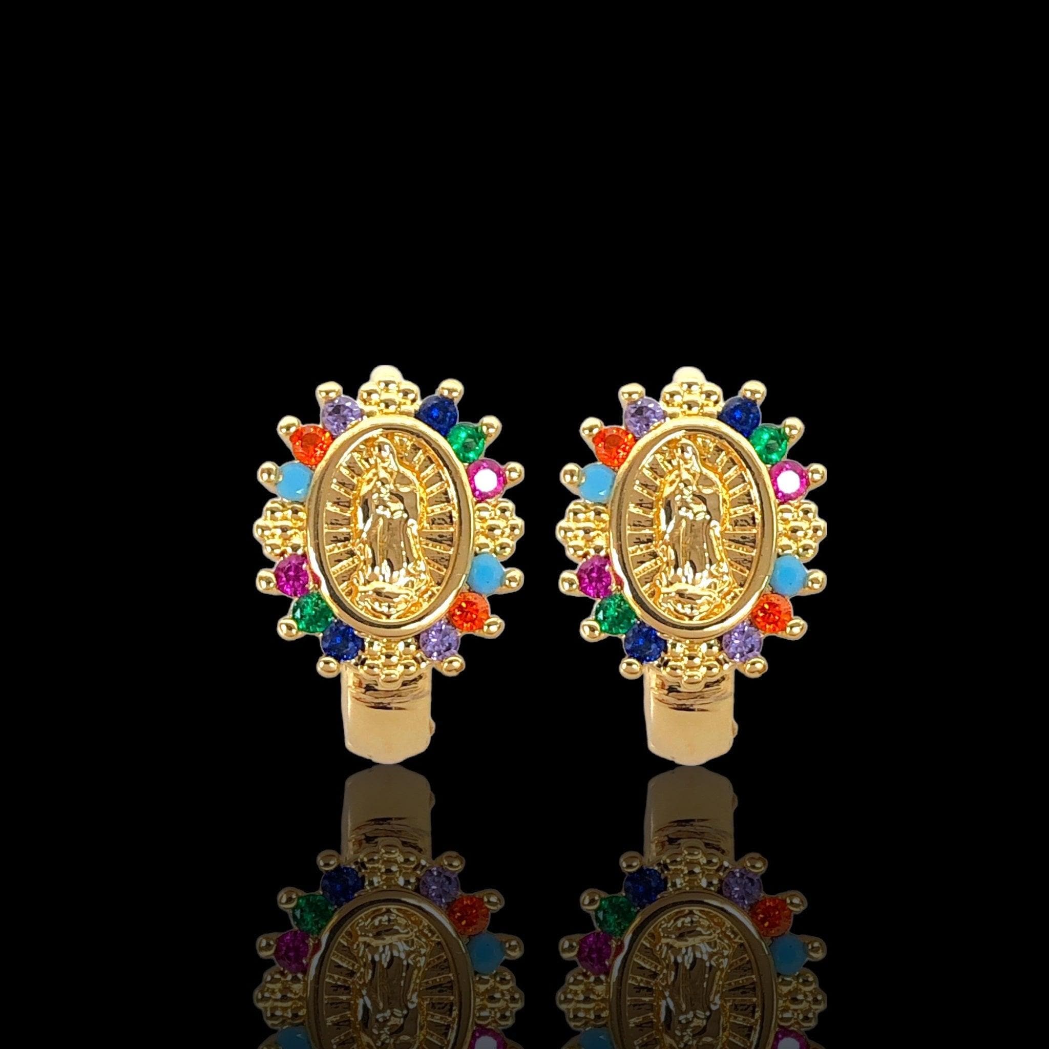Oro Laminado Gold Filled Virgin Guadalupe CZ Huggie Earrings