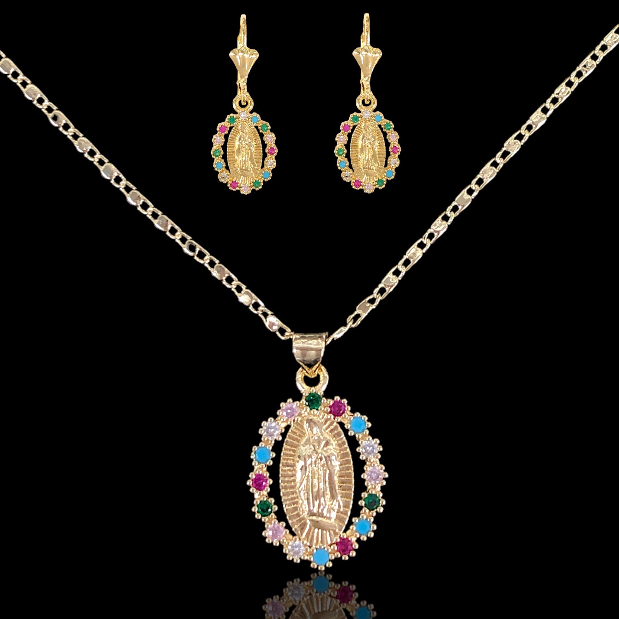 Oro Laminado Gold Filled Virgin Guadalupe Oval CZ Set