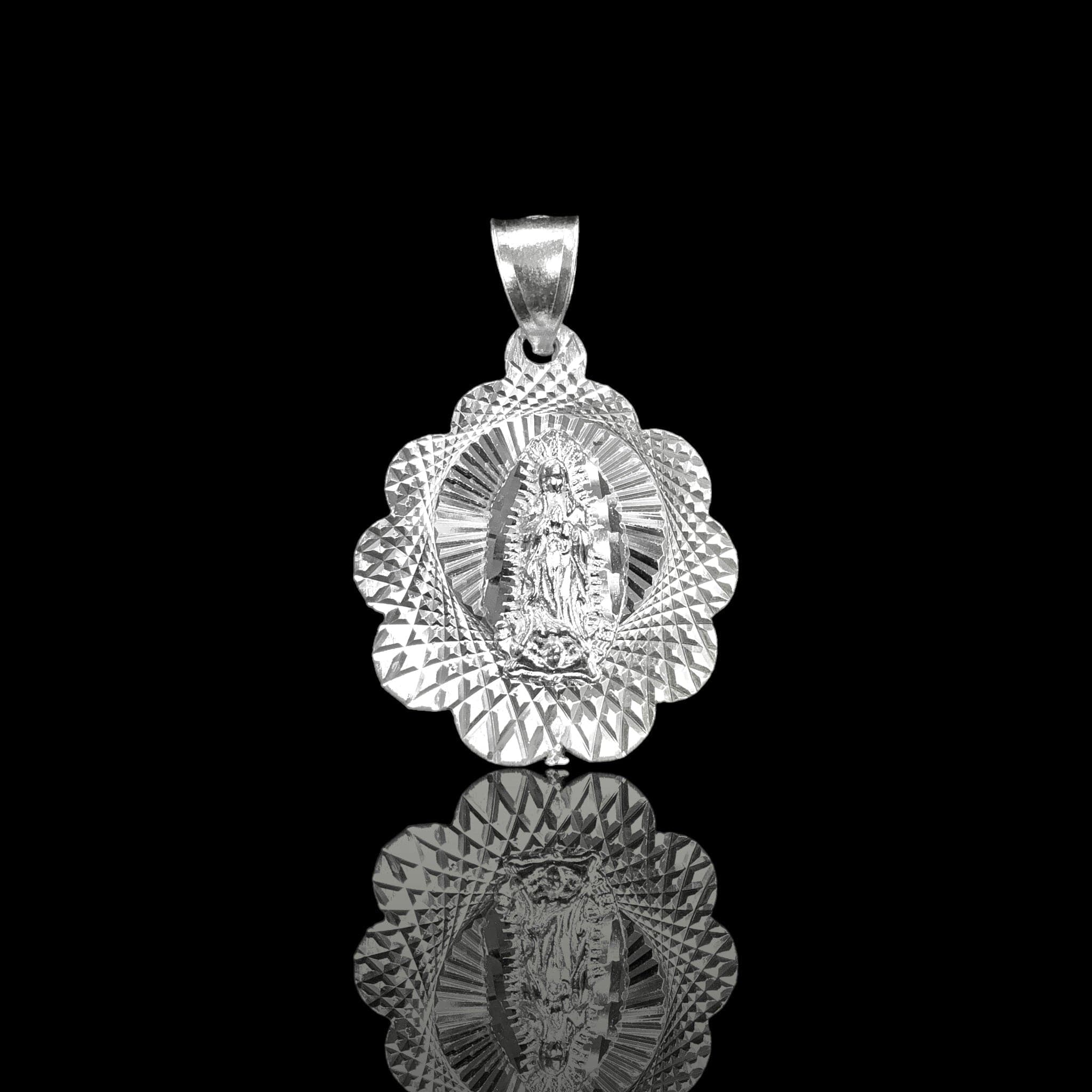 925 Sterling Silver Double-Sided Flower Shape Guadalupe & Jesus Pendant - Kuania 925 Sterling Silver