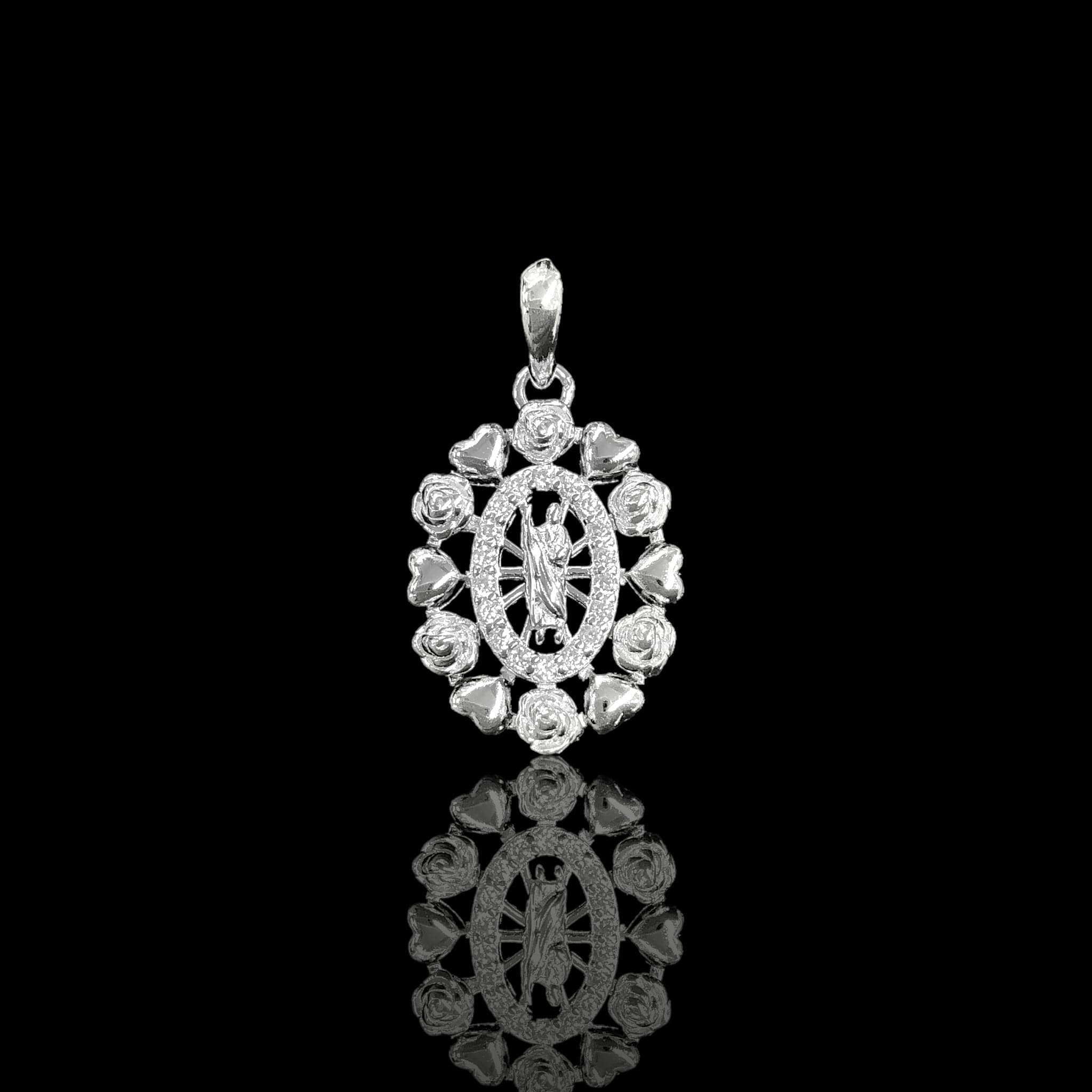 925 Sterling Silver CZ Flower and Heart San Judas Pendant - Kuania 925 Sterling Silver