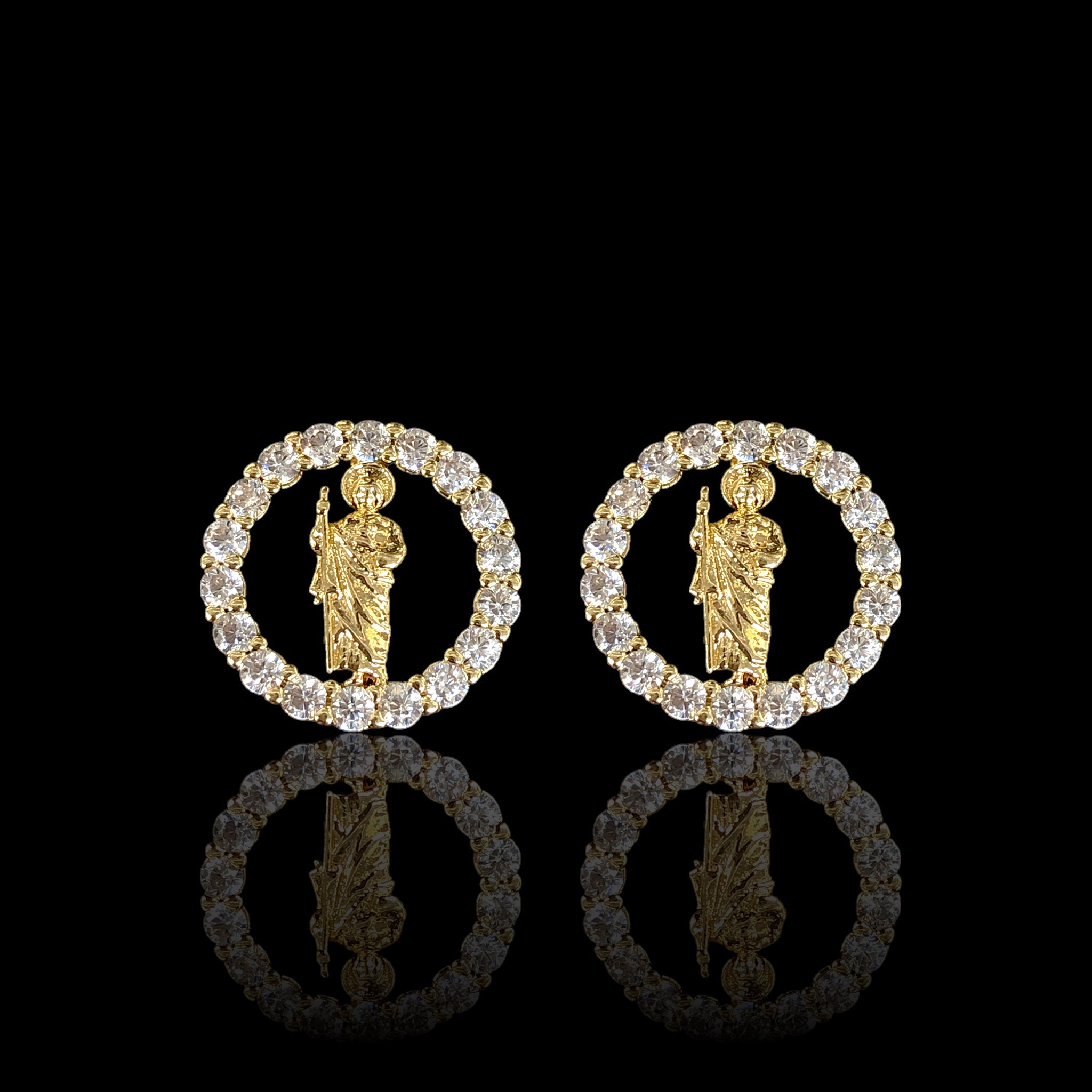 18K Gold Filled CZ San Judas Circle Stud Earrings - Kuania Oro Laminado