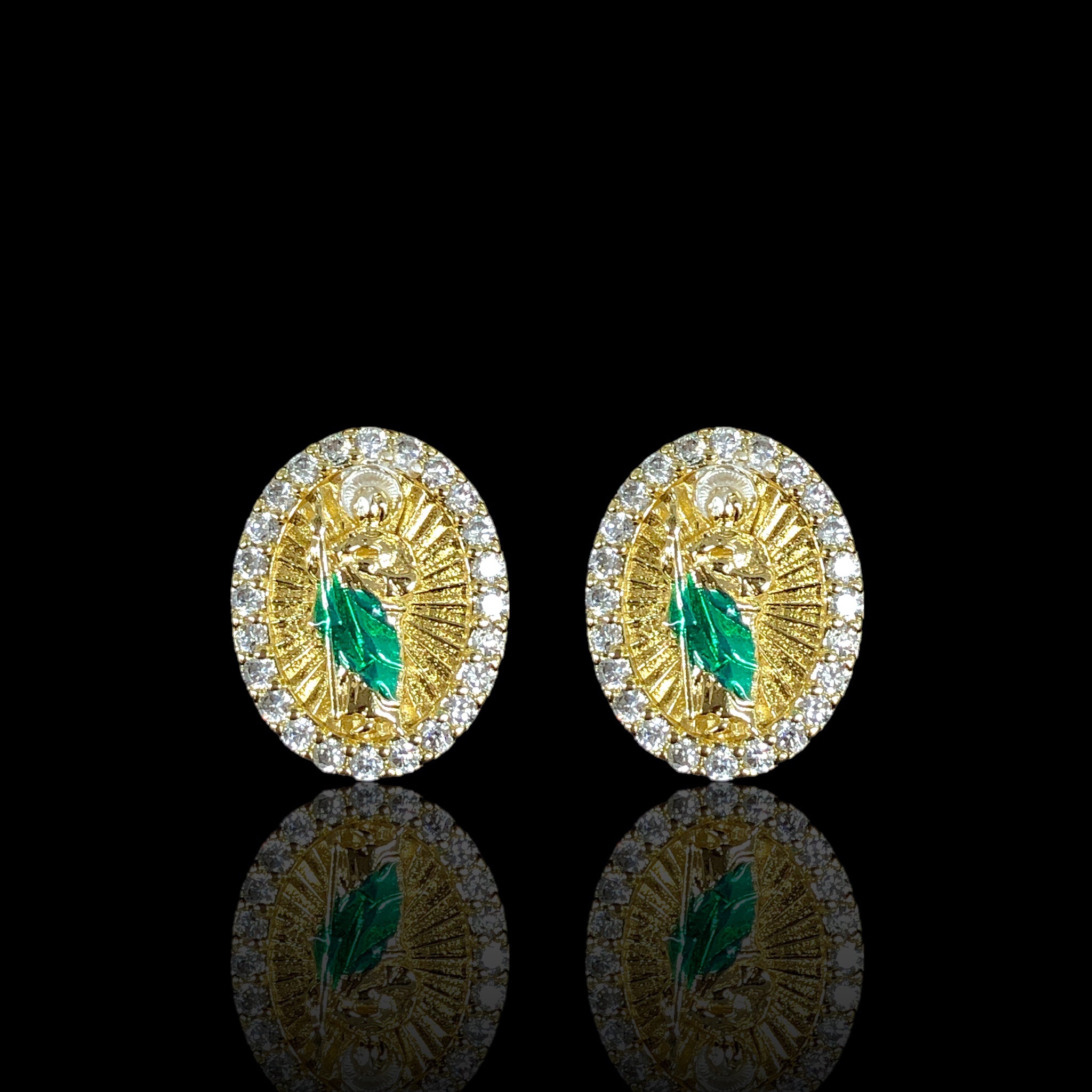 18K Gold Filled CZ San Judas Fancy Stud Earrings - Kuania Oro Laminado