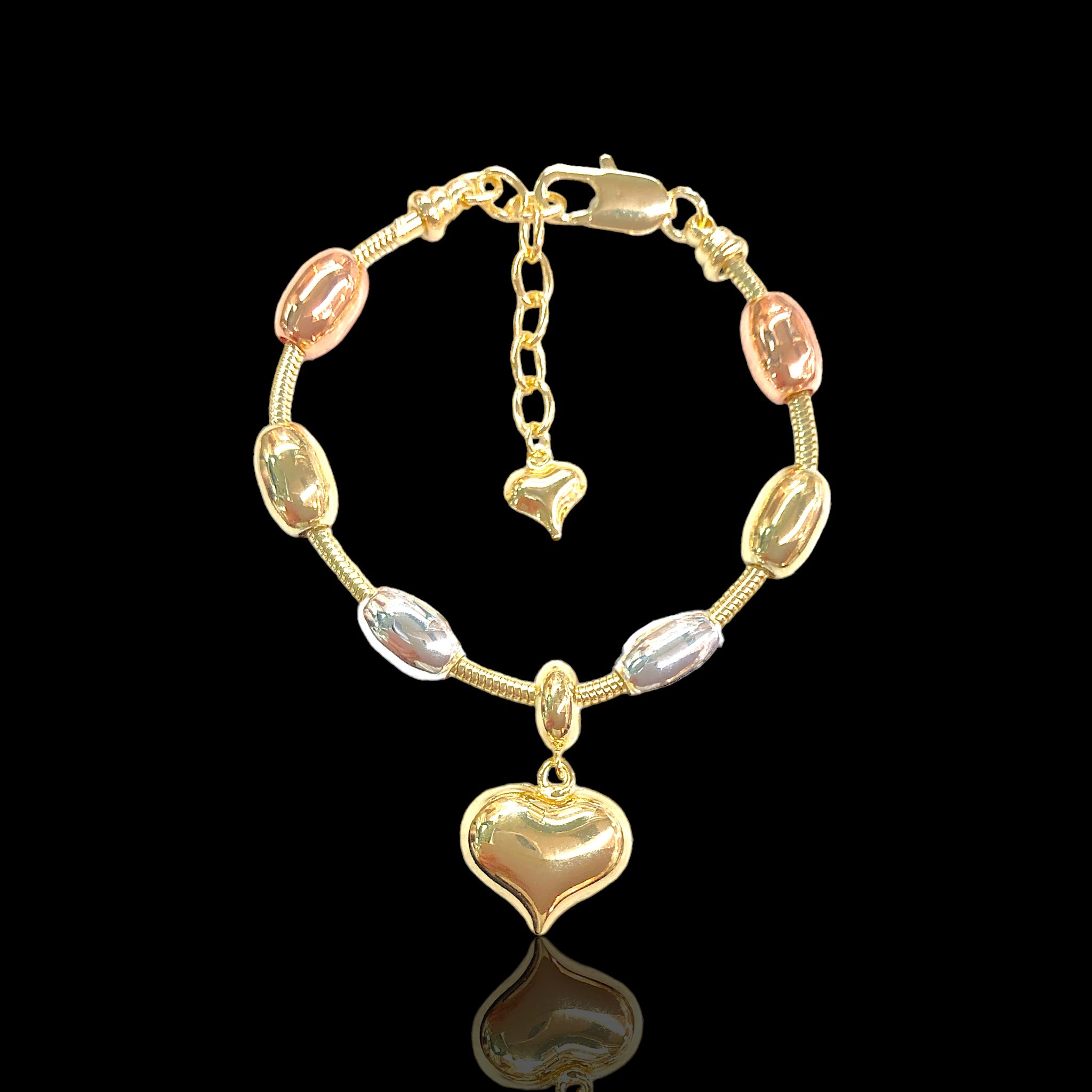 18k Gold Filled Tricolor Beaded Heart Bracelet -Kuania Oro Laminado