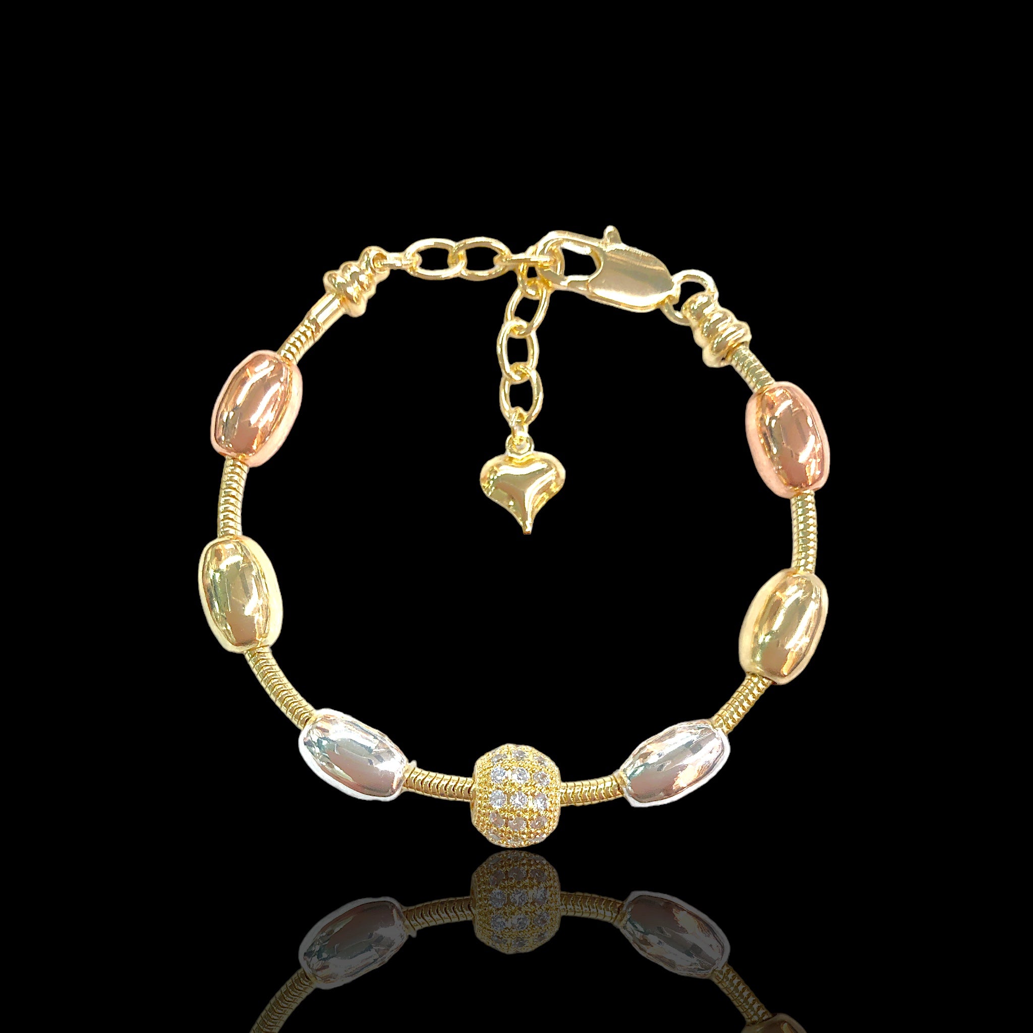 18k Gold Filled Tricolor Beaded Crystal Ball Bracelet - Kuania Oro Laminado