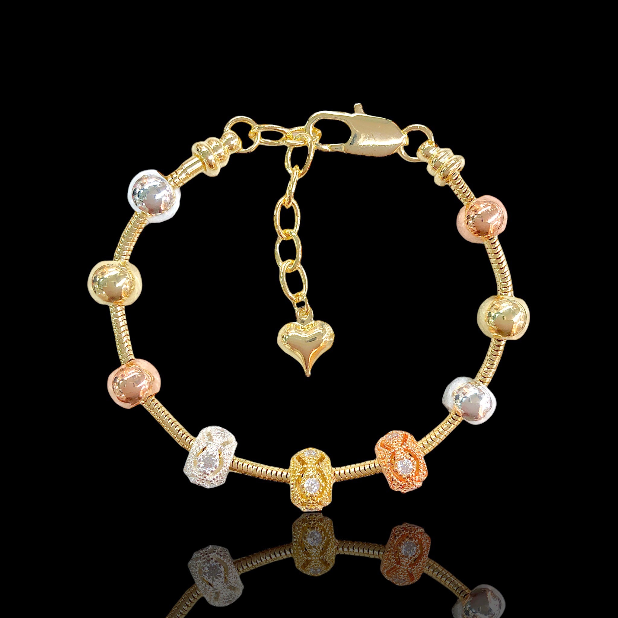 18k Gold Filled Tricolor Beaded Triple Crystal Lantern CZ Bracelet - Kuania Oro Laminado