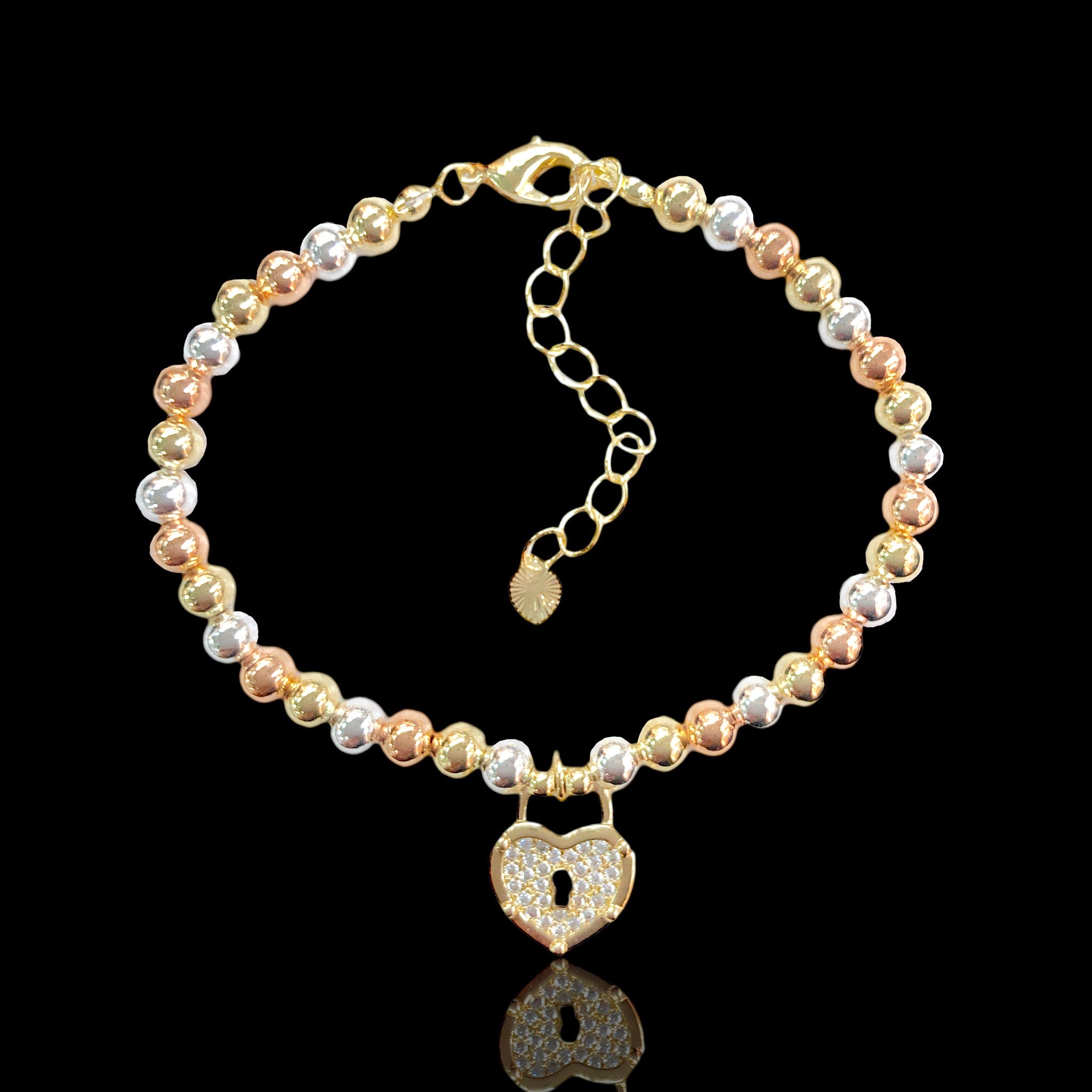 18k Gold Filled Eternity Lock Tricolor Beads Bracelet